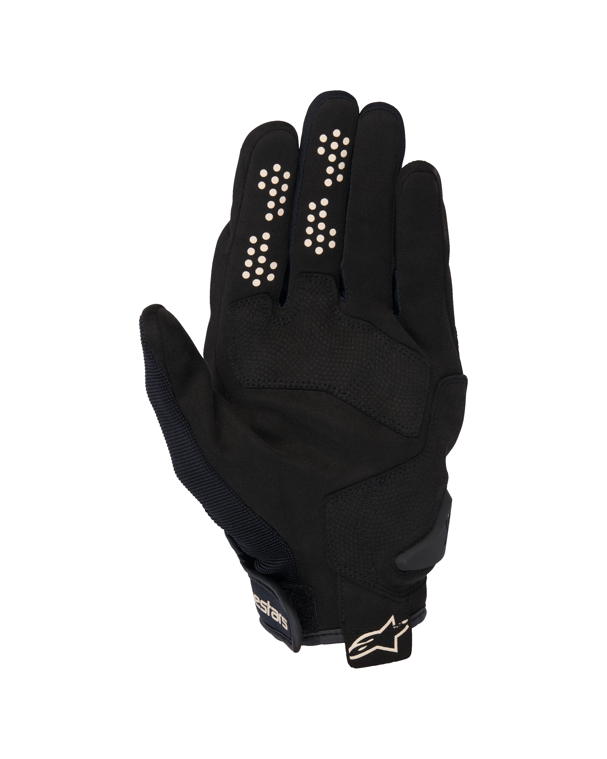 Alpinestars Chrome V2 Handschoenen, urban motorhandschoenen, zwart en almond, binnenzijde van de hand met synthetisch suède handpalm, siliconen gripstippen op wijs- en middelvinger, korte manchet met verstelbare band en logo.