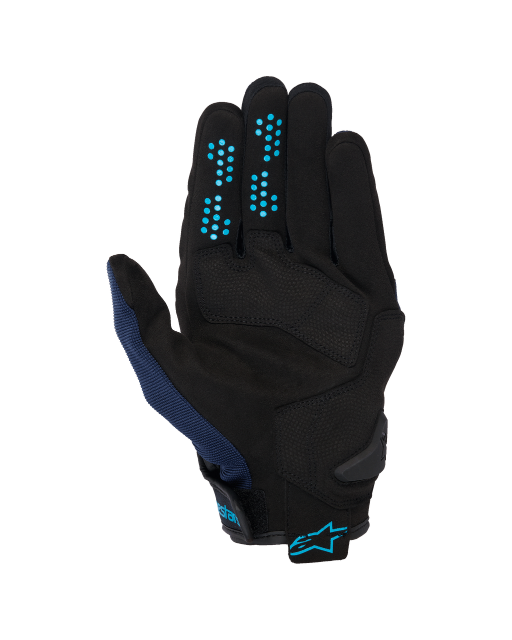 Alpinestars Chrome V2 handschoenen, Dark Blue Hawaiian Ocean, handpalmweergave, zwarte constructie van synthetisch suède met blauwe siliconen grippunten op de vingers, ademend mesh op de duim en verstelbare manchet met blauw Alpinestars-logo