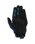 Alpinestars Chrome V2 handschoenen, Dark Blue Hawaiian Ocean, handpalmweergave, zwarte constructie van synthetisch suède met blauwe siliconen grippunten op de vingers, ademend mesh op de duim en verstelbare manchet met blauw Alpinestars-logo