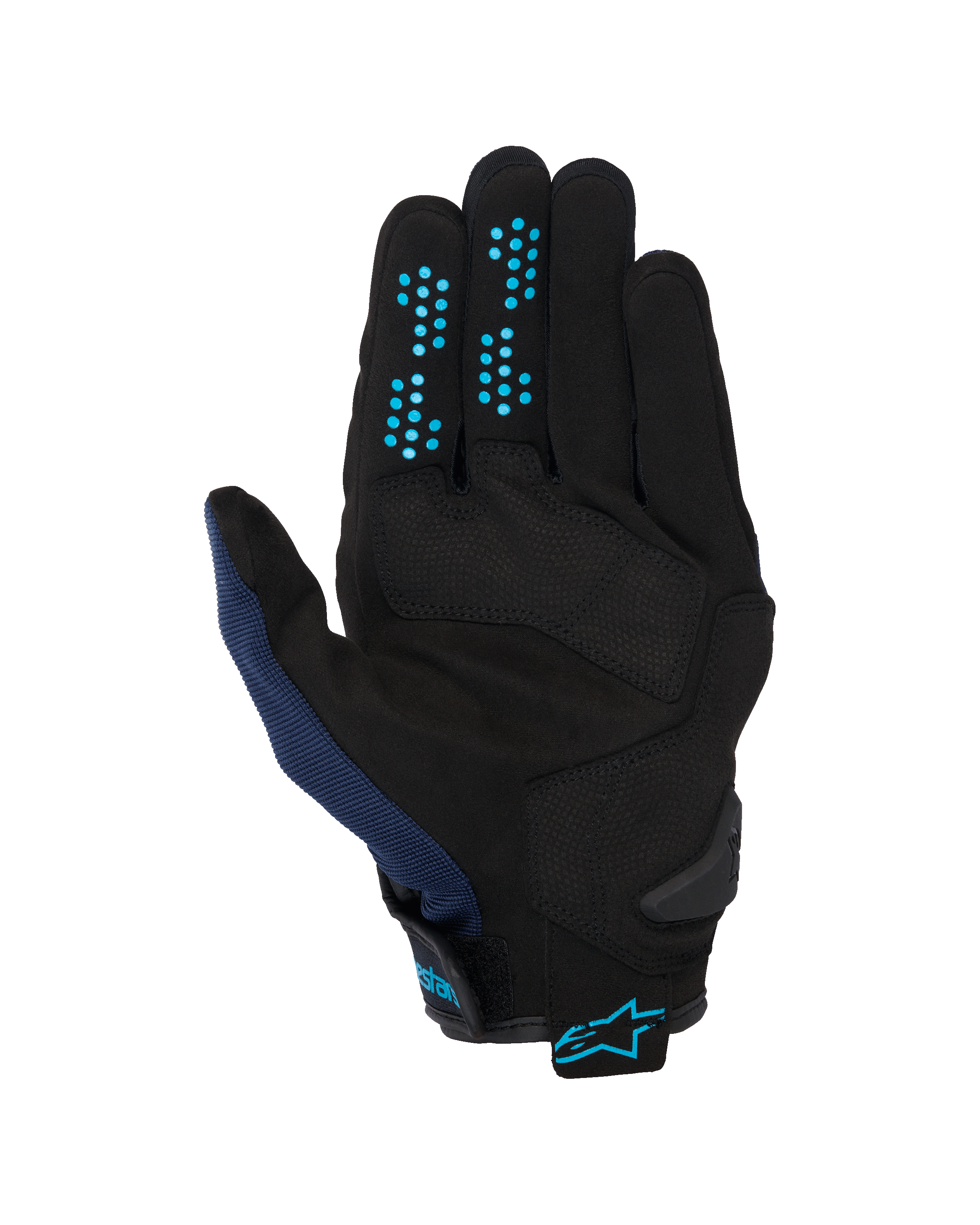 Alpinestars Chrome V2 handschoenen, Dark Blue Hawaiian Ocean, handpalmweergave, zwarte constructie van synthetisch suède met blauwe siliconen grippunten op de vingers, ademend mesh op de duim en verstelbare manchet met blauw Alpinestars-logo