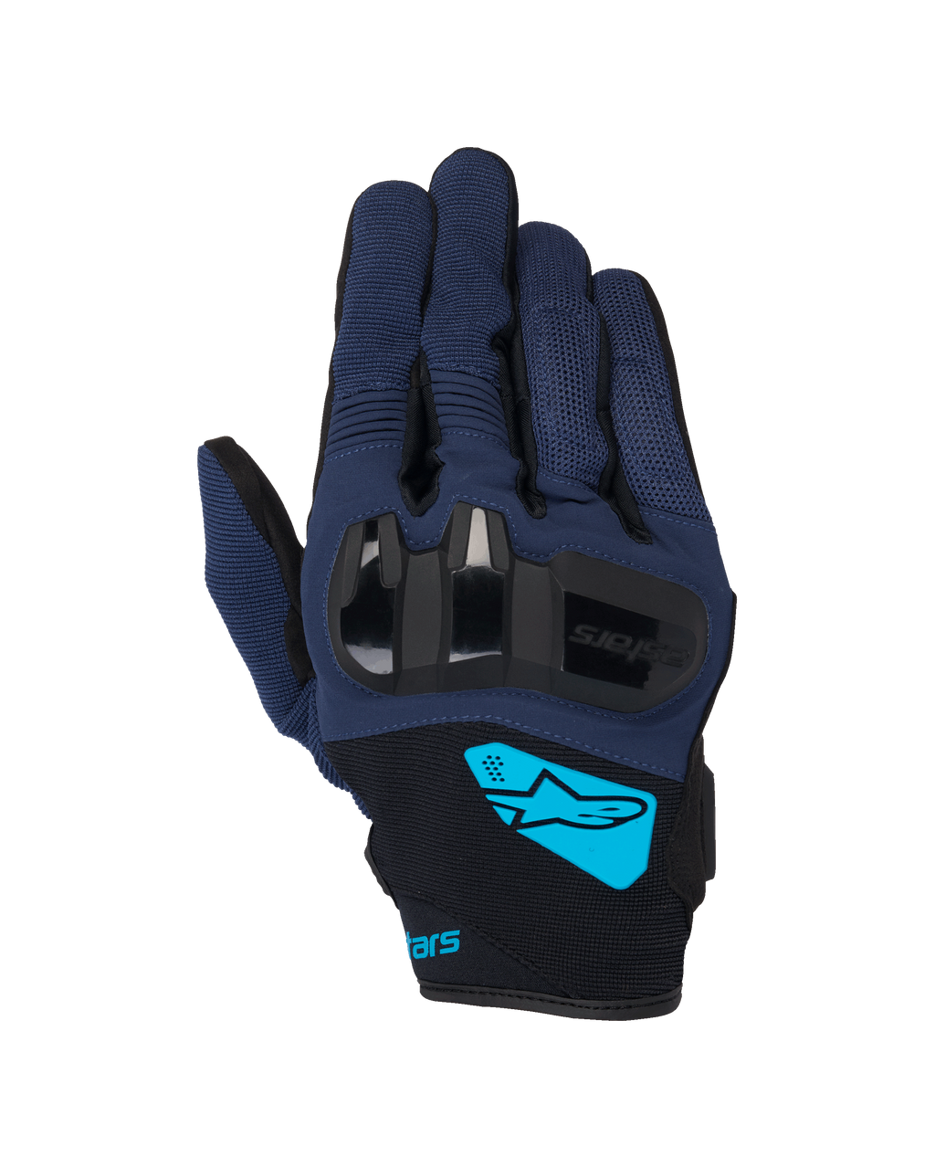 Alpinestars Chrome V2 handschoenen, motorhandschoenen, donkerblauw en zwart, voorzien van harde TPU-knokkelbescherming, fel cyaan Alpinestars-logo op de pols, korte manchet urban rijuitrusting
