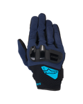 Alpinestars Chrome V2 handschoenen, motorhandschoenen, donkerblauw en zwart, voorzien van harde TPU-knokkelbescherming, fel cyaan Alpinestars-logo op de pols, korte manchet urban rijuitrusting