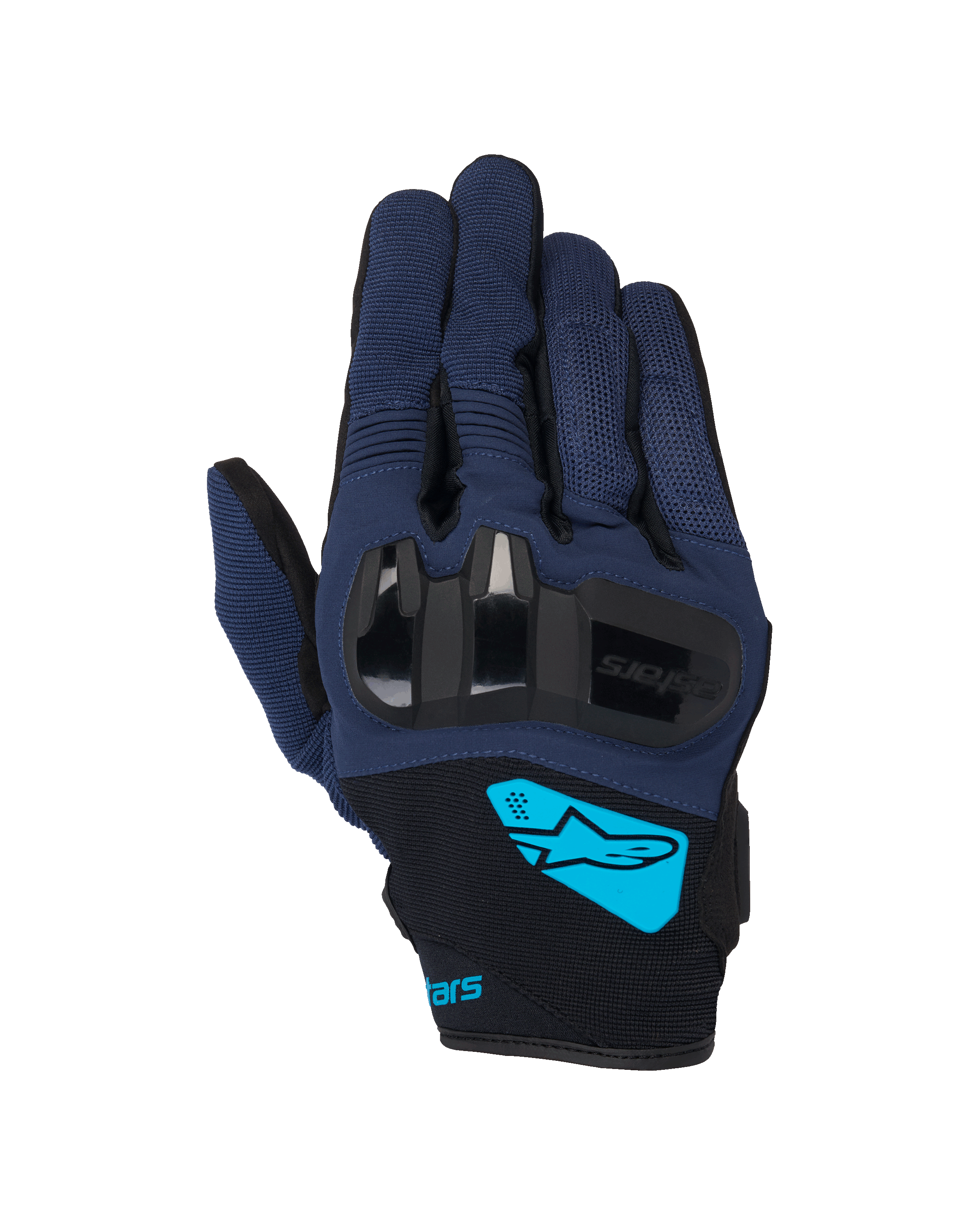 Alpinestars Chrome V2 handschoenen, motorhandschoenen, donkerblauw en zwart, voorzien van harde TPU-knokkelbescherming, fel cyaan Alpinestars-logo op de pols, korte manchet urban rijuitrusting