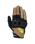 Alpinestars Chrome V2 handschoenen, korte motorhandschoenen, donkerkhaki en zwart, voorzien van harde knokkelbescherming, ademende mesh-panelen en fluorescerend geel Alpinestars logo, stedelijke motorkleding