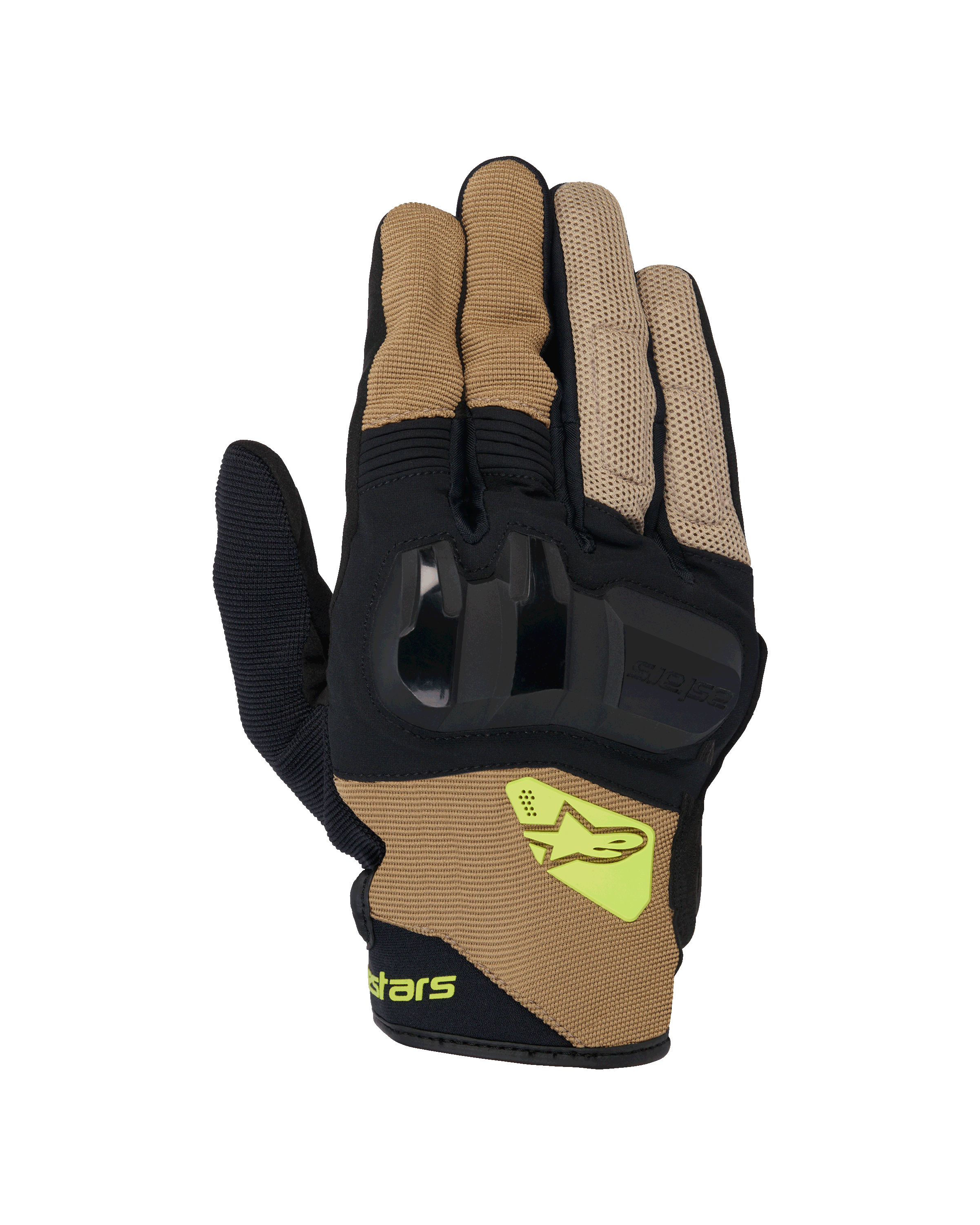 Alpinestars Chrome V2 handschoenen, korte motorhandschoenen, donkerkhaki en zwart, voorzien van harde knokkelbescherming, ademende mesh-panelen en fluorescerend geel Alpinestars logo, stedelijke motorkleding