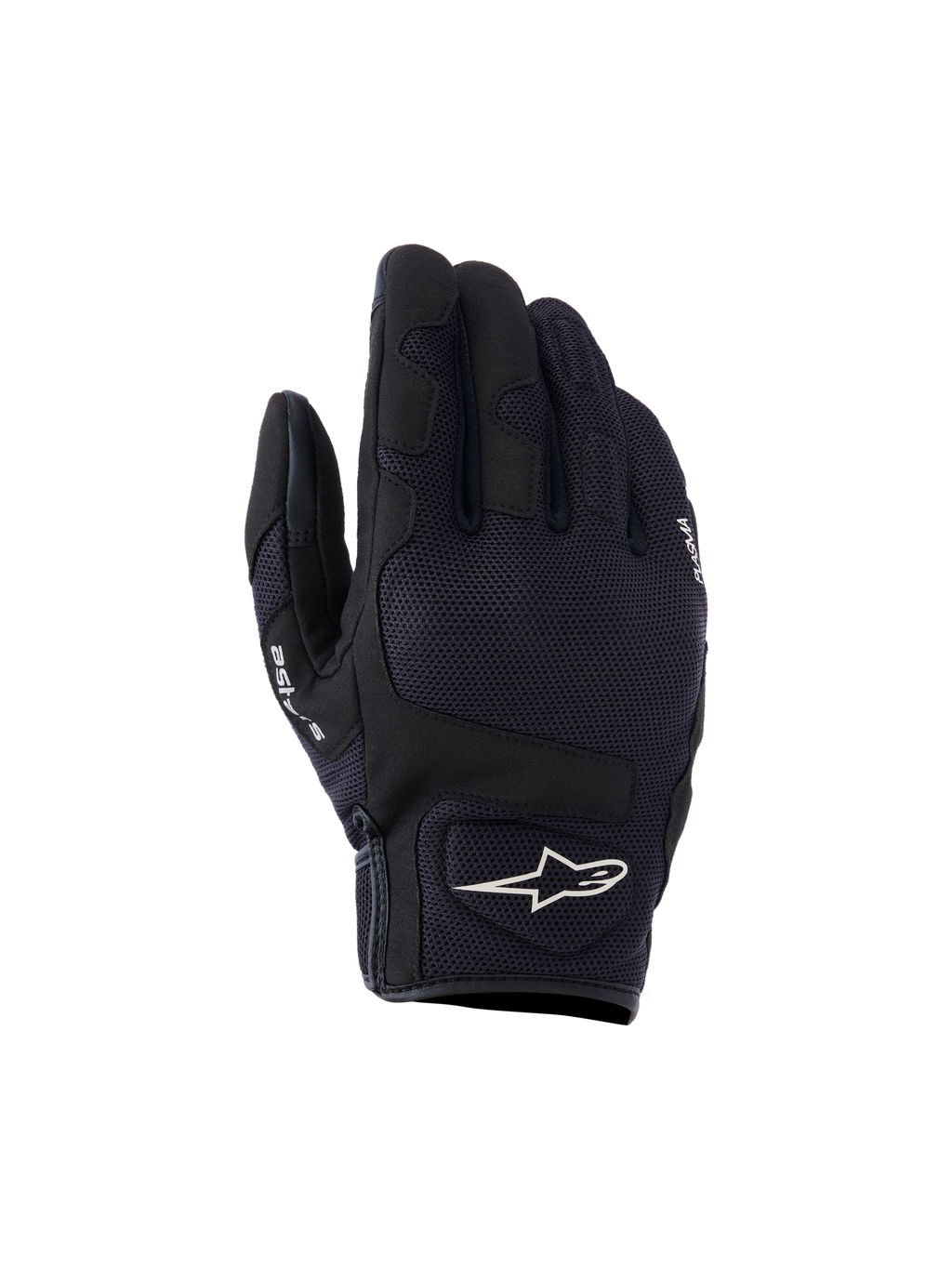 Alpinestars Ignite Gloves, Urban Motorcycle Gloves, Black, featuring a breathable mesh upper, NUCLEON PLASMA knuckle protection, and a white Alpinestars star logo on the cuff.