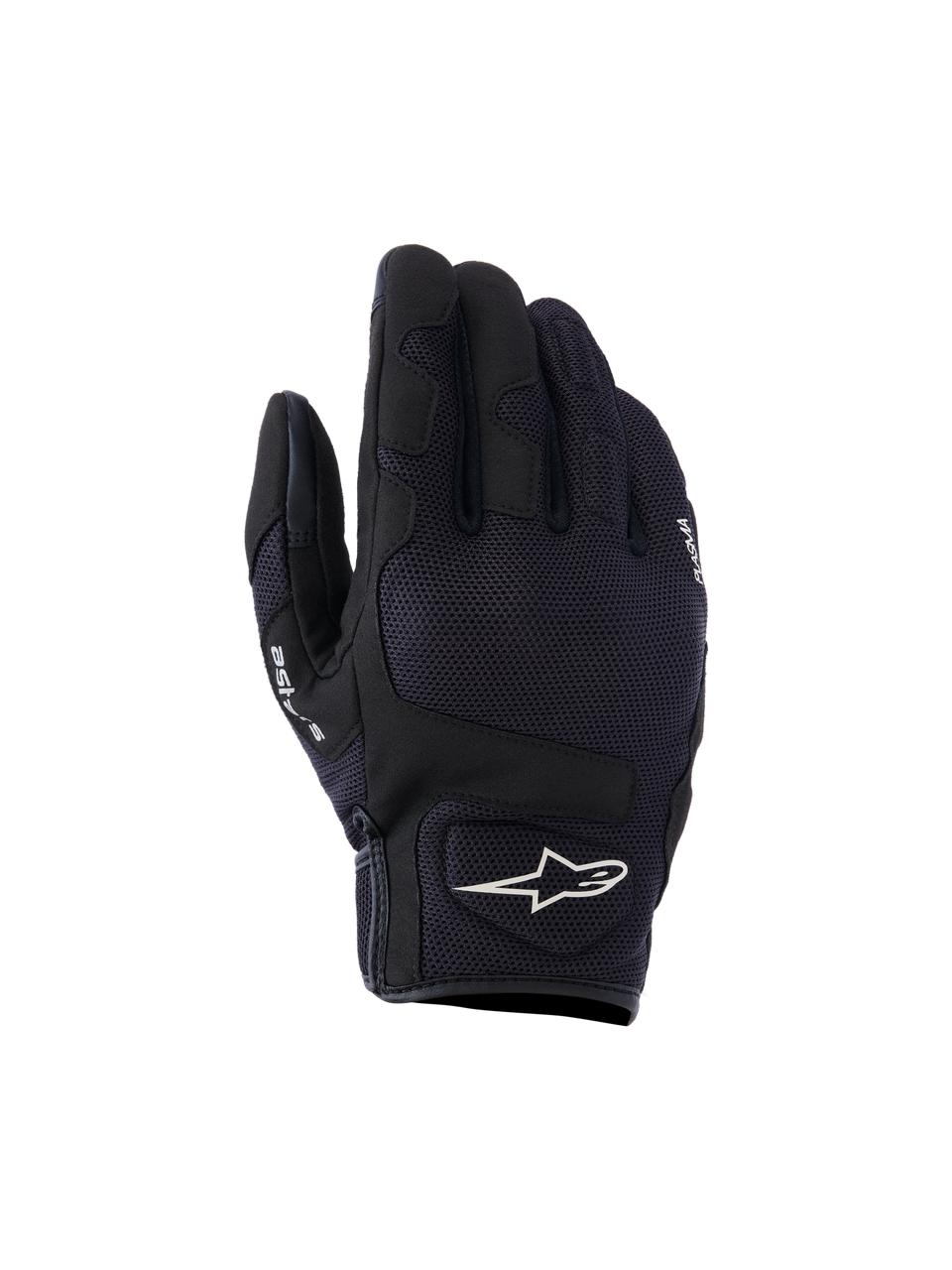 Alpinestars Ignite handschoenen, urban motorhandschoenen, zwart, voorzien van een ademend mesh bovenwerk, NUCLEON PLASMA knokkelbescherming en een wit Alpinestars sterlogo op het manchet.