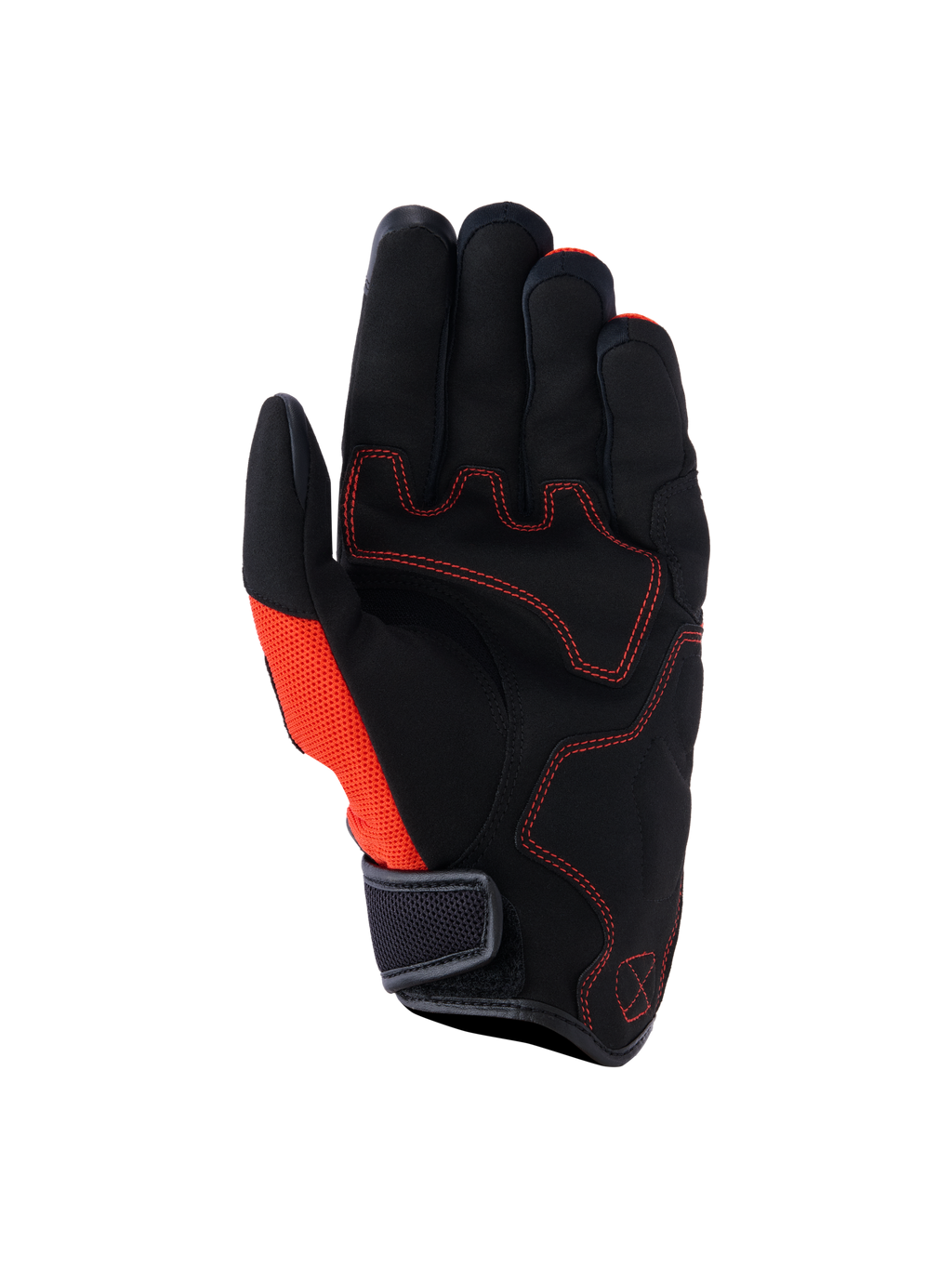 Alpinestars Ignite handschoenen, aanzicht handpalm, zwart en Red Tangerine, synthetisch suède handpalm met rode contraststiksels, mesh zijpaneel, kort manchet met klittenbandsluiting, motorkleding voor stadsritten en woon-werkverkeer