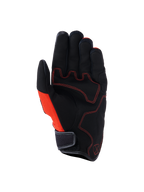Alpinestars Ignite handschoenen, aanzicht handpalm, zwart en Red Tangerine, synthetisch suède handpalm met rode contraststiksels, mesh zijpaneel, kort manchet met klittenbandsluiting, motorkleding voor stadsritten en woon-werkverkeer