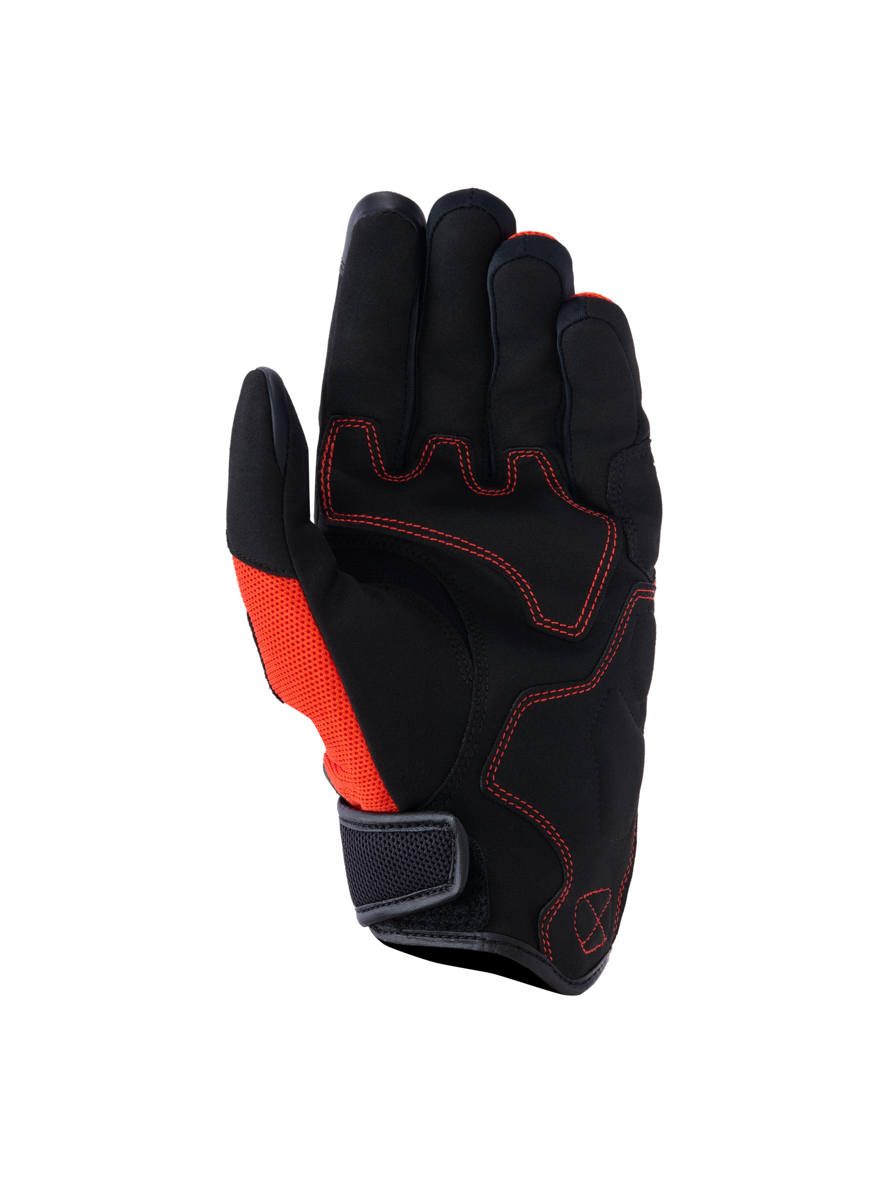 Alpinestars Ignite handschoenen, aanzicht handpalm, zwart en Red Tangerine, synthetisch suède handpalm met rode contraststiksels, mesh zijpaneel, kort manchet met klittenbandsluiting, motorkleding voor stadsritten en woon-werkverkeer