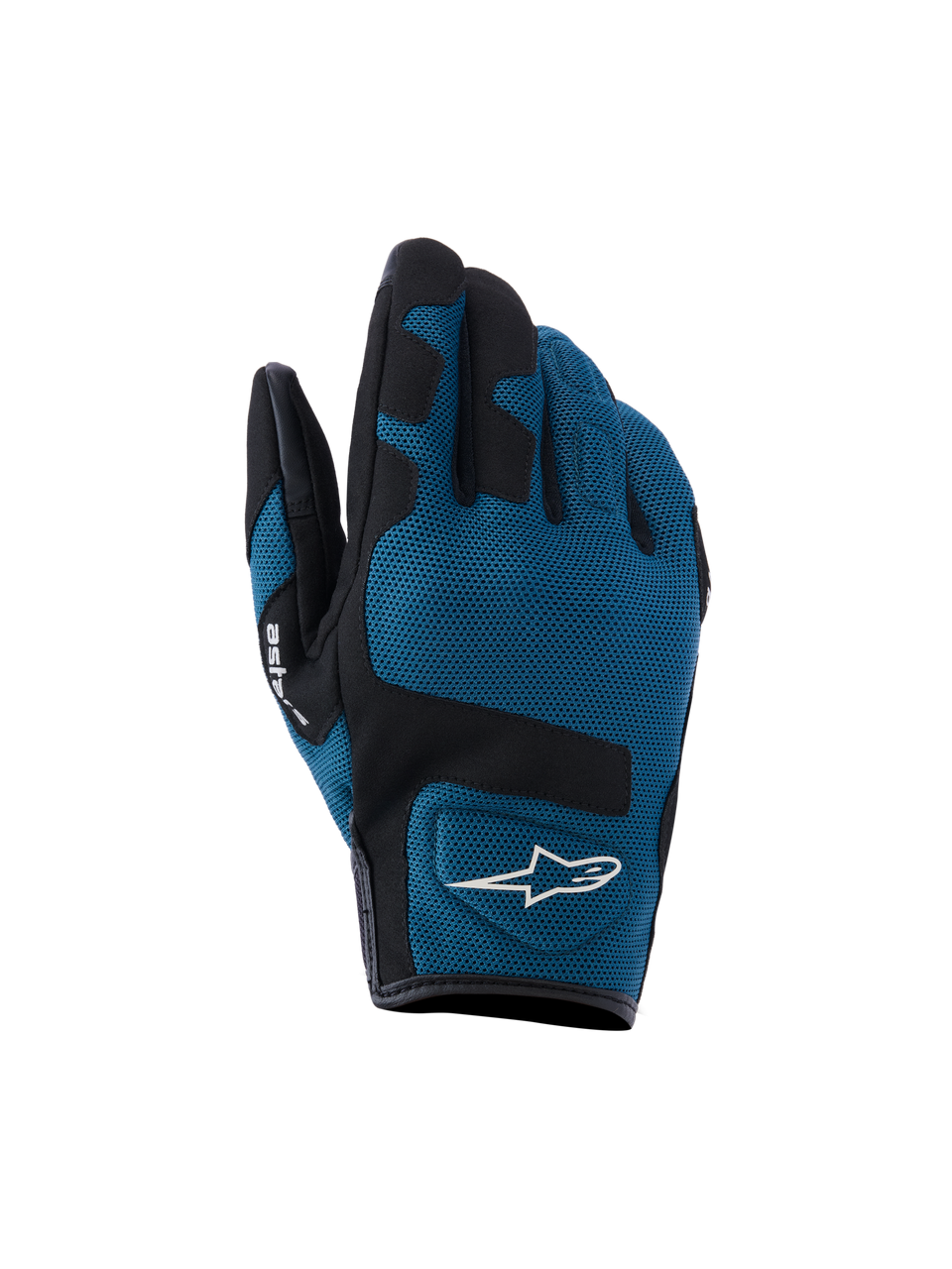 Alpinestars Ignite handschoenen, urban motorhandschoenen, indigo blauw en zwart, ademende mesh-textielconstructie op de bovenkant van de hand, zwarte versterkte panelen over de knokkels, wit A-star logo, kort manchetontwerp voor stadsritten