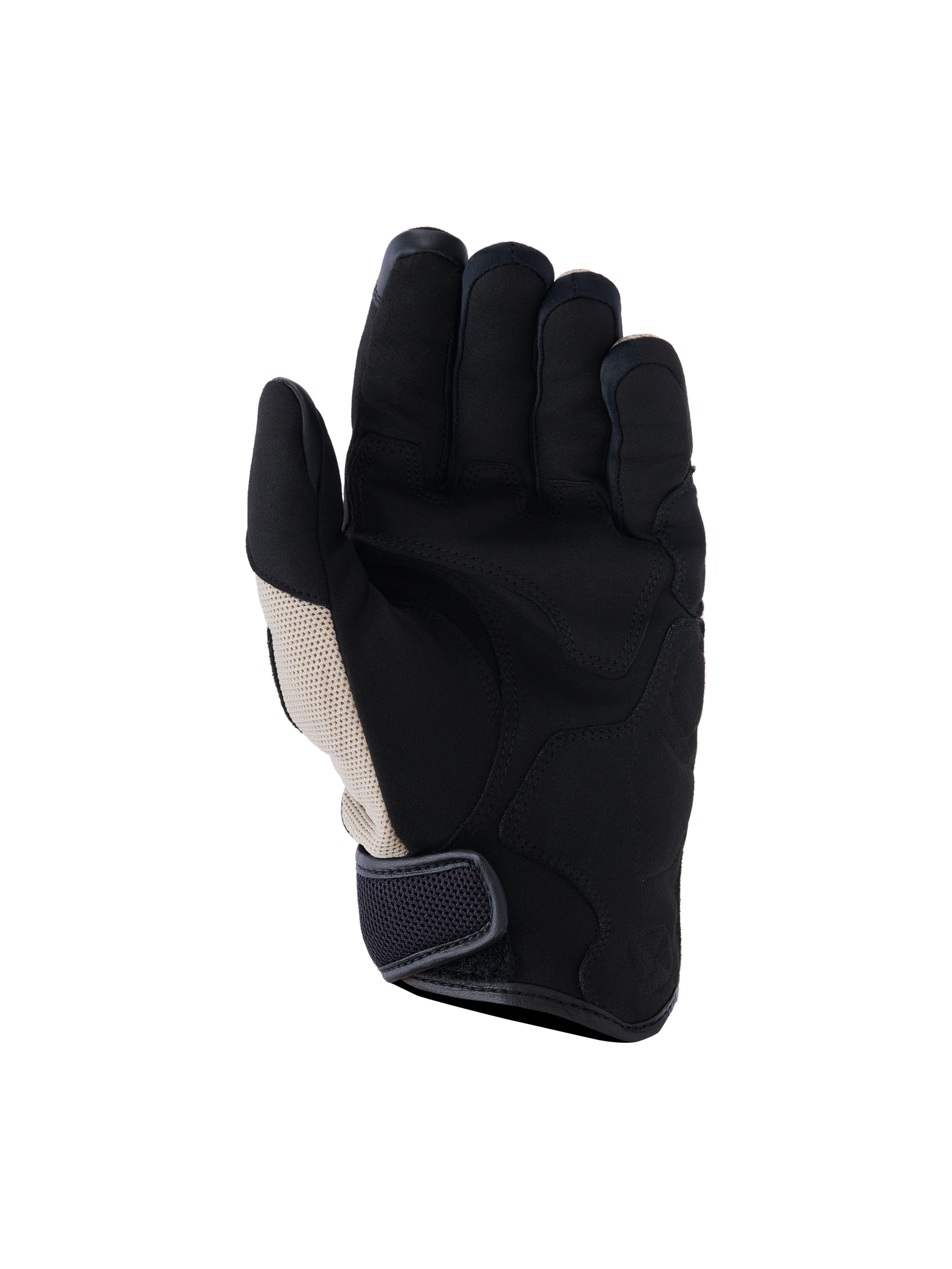 Alpinestars Ignite handschoenen, Aluminum Black, zicht op de handpalm van stedelijke motorhandschoenen met een versterkte synthetische suède handpalm, ademende mesh-inzetstukken en een klittenbandsluiting bij de manchet