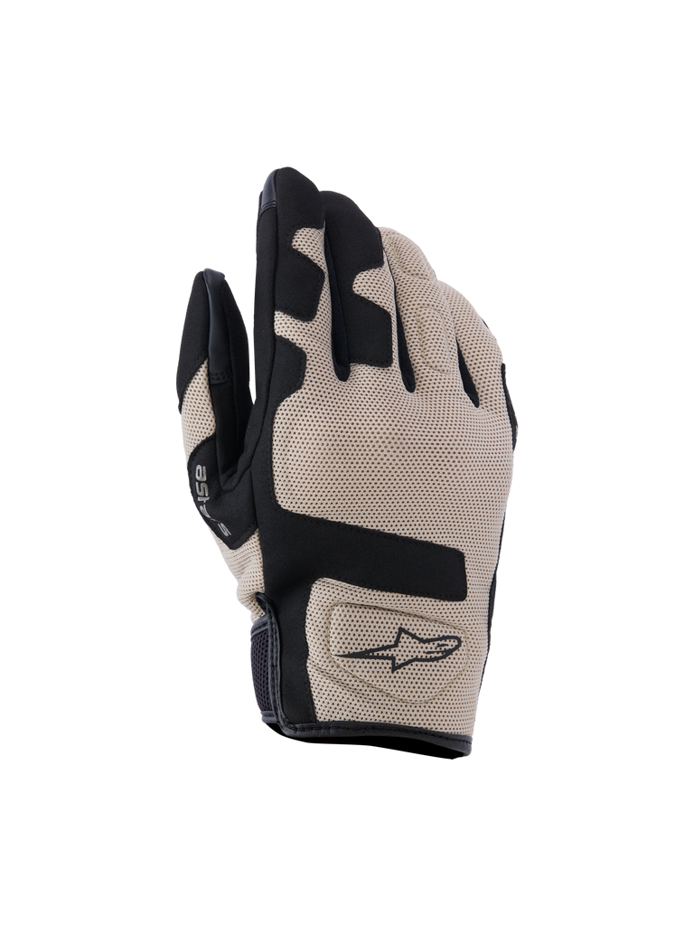 Alpinestars Ignite handschoenen, motorhandschoenen, beige en zwart, gestructureerd ademend materiaal, zwarte vingeraccenten en handpalm, ergonomisch ontwerp, moderne sportieve uitstraling