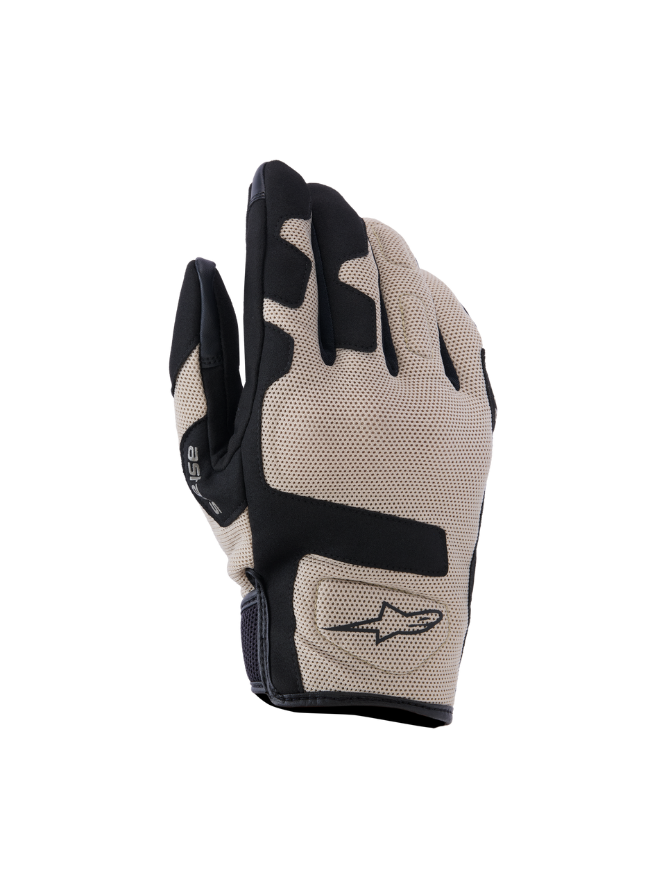 Alpinestars Ignite handschoenen, motorhandschoenen, beige en zwart, bovenkant van gestructureerd mesh met zwarte paneelaccenten, kort manchetontwerp met Alpinestars-logo, lichte en ademende beschermende uitrusting voor stadsritten