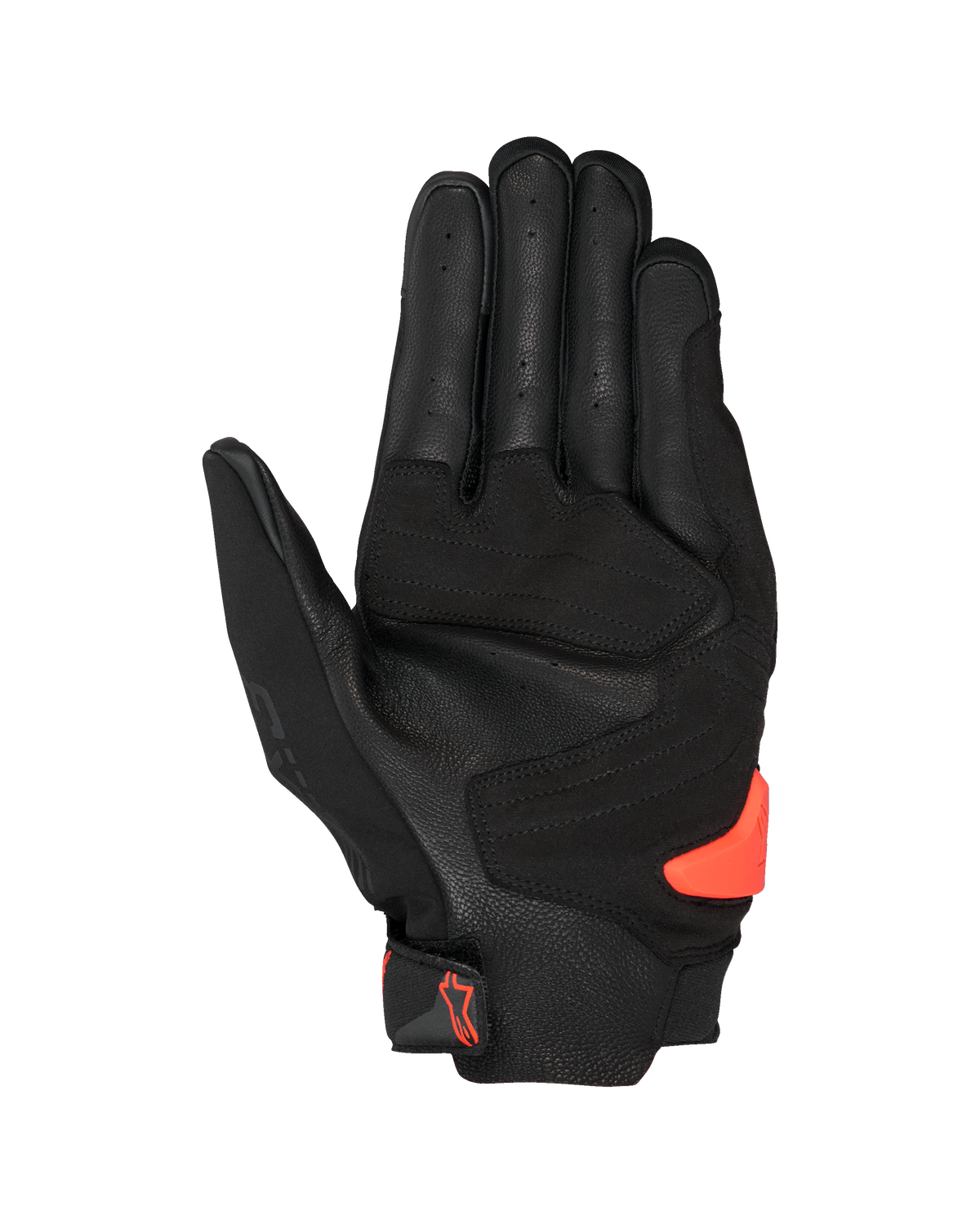 Alpinestars SP X 3 handschoenen, zwart en rood fluo, aanzicht van de handpalm met geperforeerd leer, synthetische versterkingen en een feloranje TPR-handpalmschuiver, racing en sport motoruitrusting