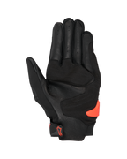 Alpinestars SP X 3 handschoenen, zwart en rood fluo, aanzicht van de handpalm met geperforeerd leer, synthetische versterkingen en een feloranje TPR-handpalmschuiver, racing en sport motoruitrusting