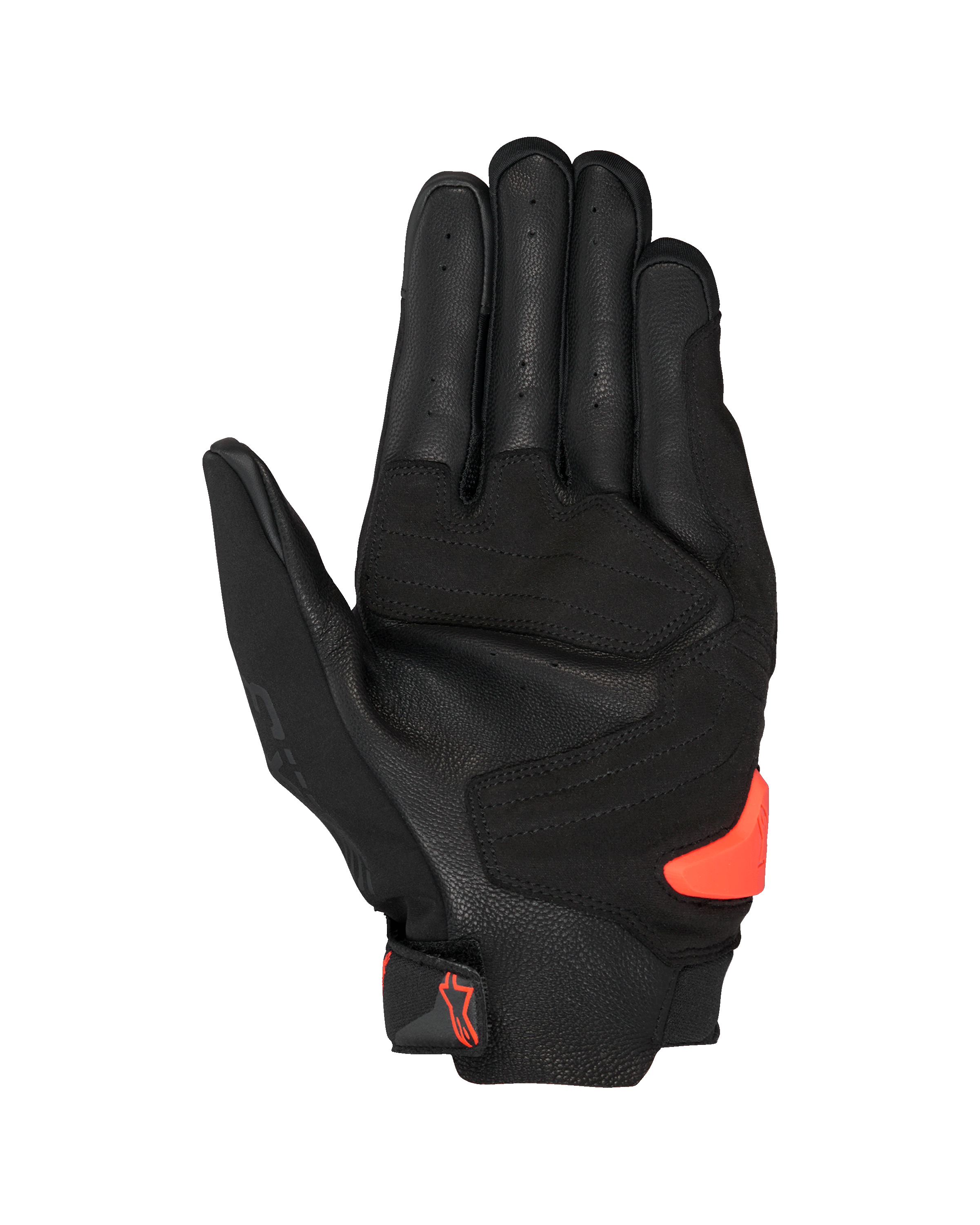 Alpinestars SP X 3 handschoenen, zwart en rood fluo, aanzicht van de handpalm met geperforeerd leer, synthetische versterkingen en een feloranje TPR-handpalmschuiver, racing en sport motoruitrusting
