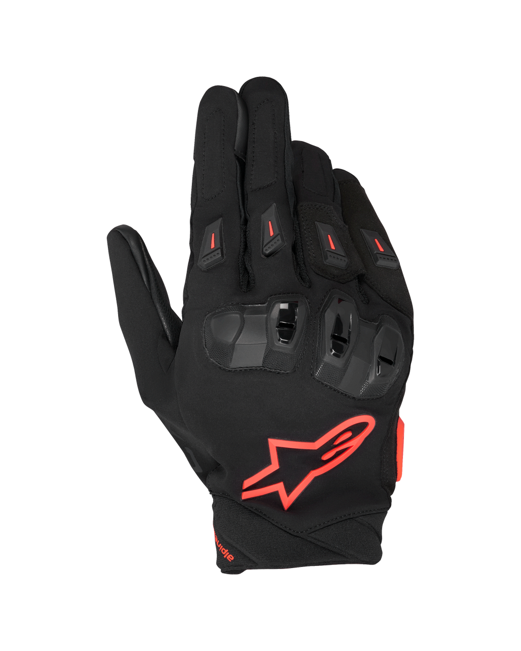 Alpinestars SP X 3 handschoenen, motorracehandschoenen, zwart met fluorood, voorzien van een groot rood sterlogo op de bovenhand, TPU-knokkelbescherming met dubbele dichtheid en rode accenten, geventileerde vinger-sliders, sportief beschermend ontwerp voor op de weg