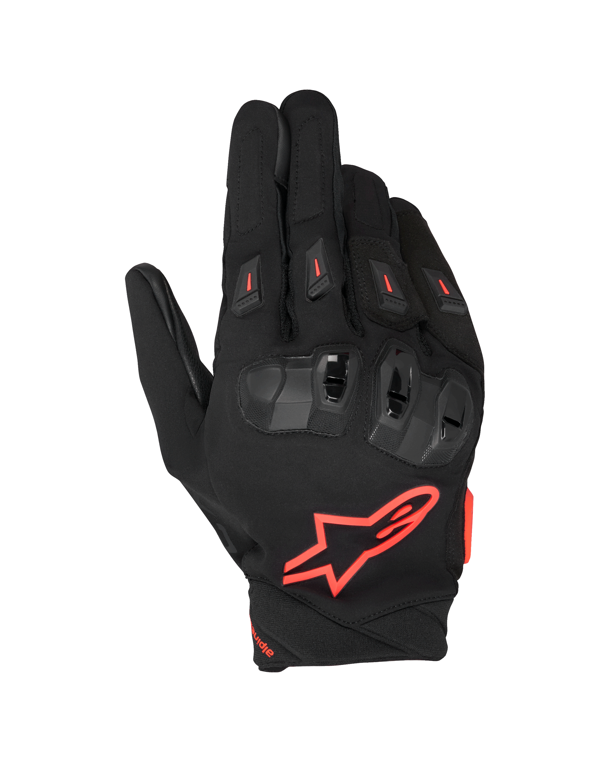 Alpinestars SP X 3 handschoenen, motorracehandschoenen, zwart met fluorood, voorzien van een groot rood sterlogo op de bovenhand, TPU-knokkelbescherming met dubbele dichtheid en rode accenten, geventileerde vinger-sliders, sportief beschermend ontwerp voor op de weg