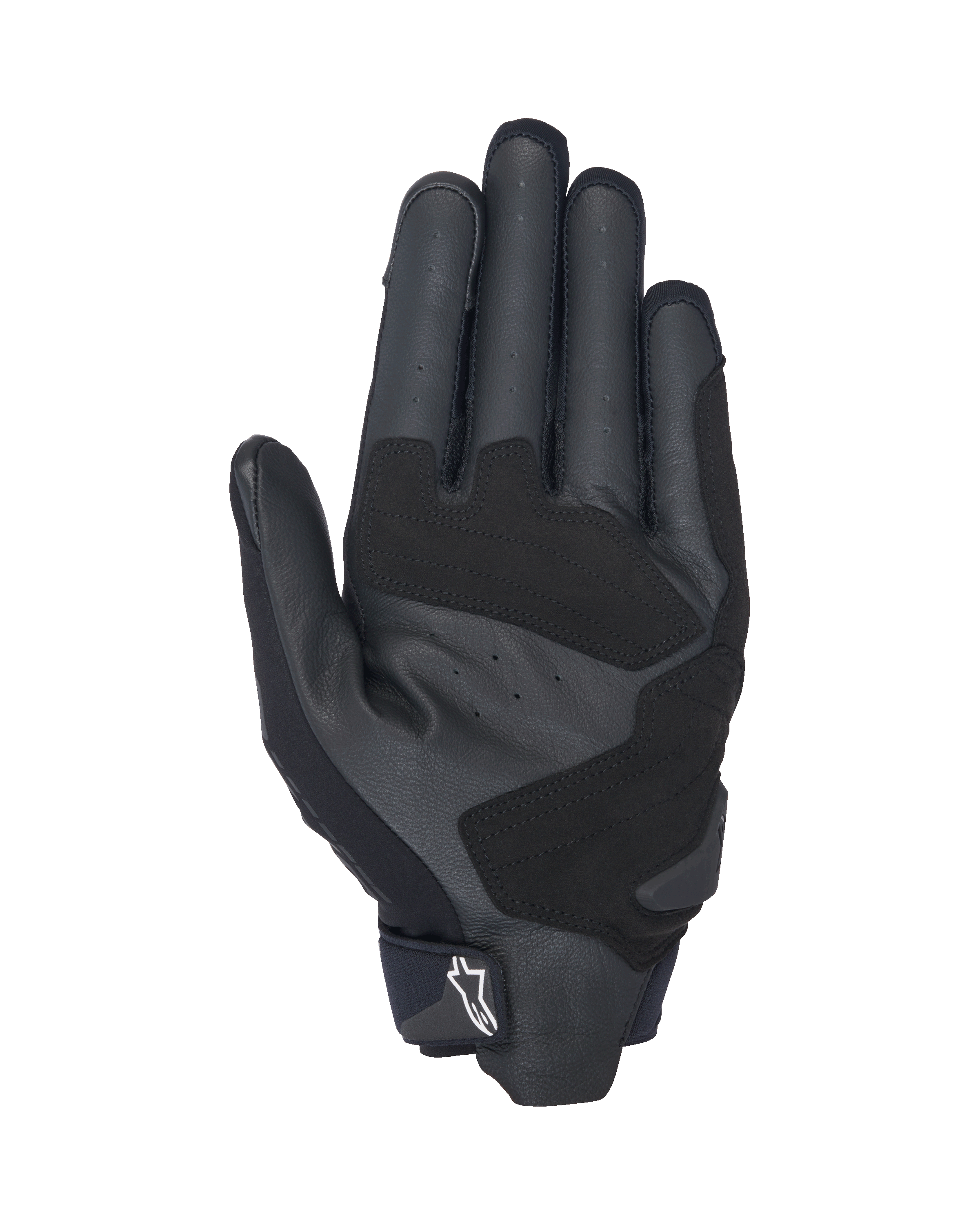 Alpinestars SP X 3 Handschoenen, zwart-witte motorhandschoenen, handpalmzijde met geperforeerd leer voor ventilatie, synthetisch leren overlays voor verbeterde grip en duurzaamheid, versterkte impactzones en een kort manchetontwerp met wit Alpinestars-logo op de treklip.