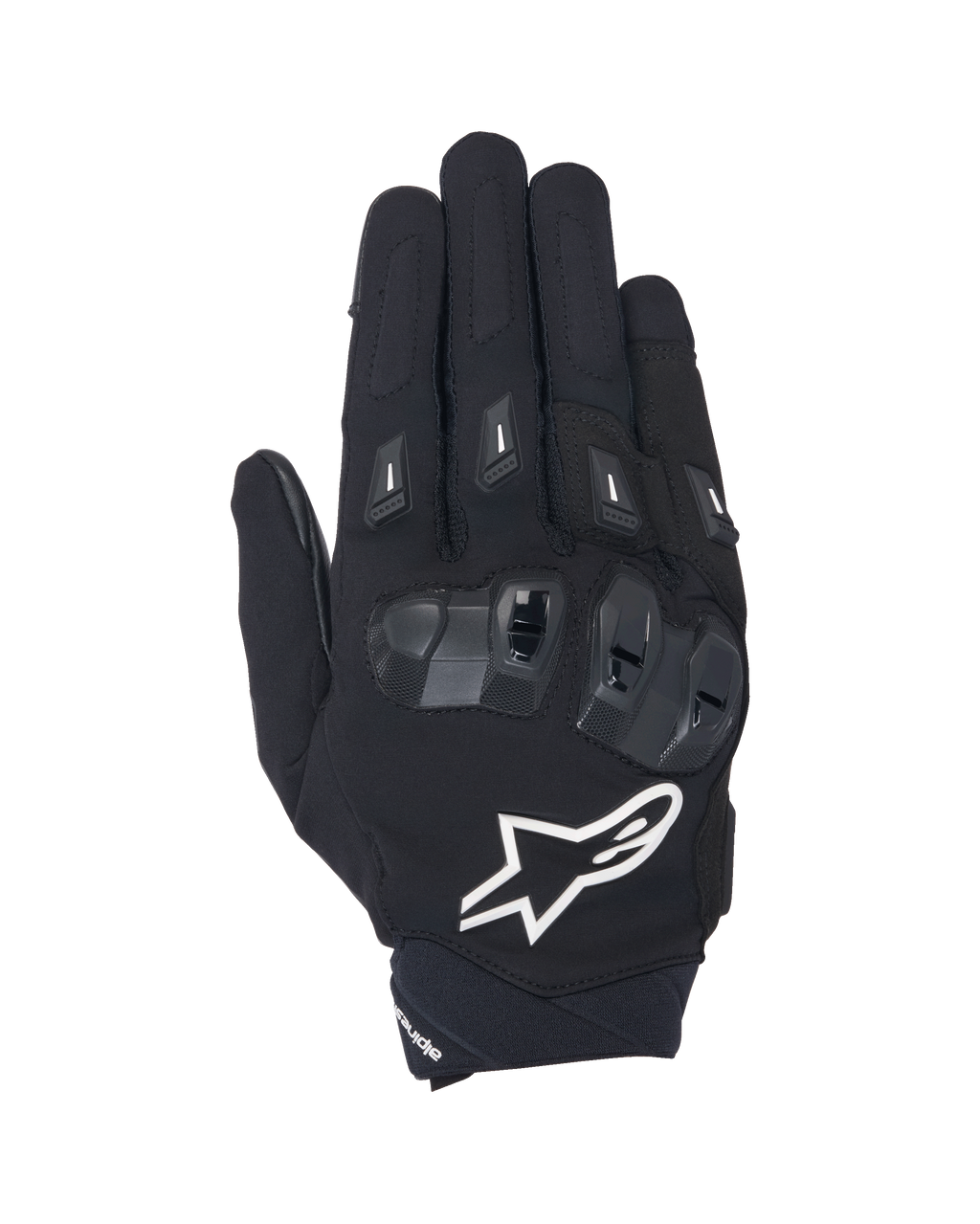 Alpinestars SP X 3 motorhandschoenen, zwart-witte handschoenen met korte manchet, bovenaanzicht met TPU dubbele dichtheid knokkelbescherming, groot wit sterlogo en vingerprotectoren, ontworpen voor sportief en straatgebruik