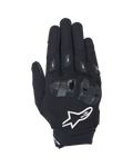Alpinestars SP X 3 motorhandschoenen, zwart-witte handschoenen met korte manchet, bovenaanzicht met TPU dubbele dichtheid knokkelbescherming, groot wit sterlogo en vingerprotectoren, ontworpen voor sportief en straatgebruik