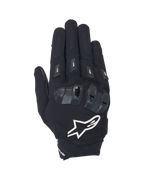 Alpinestars SP X 3 motorhandschoenen, zwart-witte handschoenen met korte manchet, bovenaanzicht met TPU dubbele dichtheid knokkelbescherming, groot wit sterlogo en vingerprotectoren, ontworpen voor sportief en straatgebruik