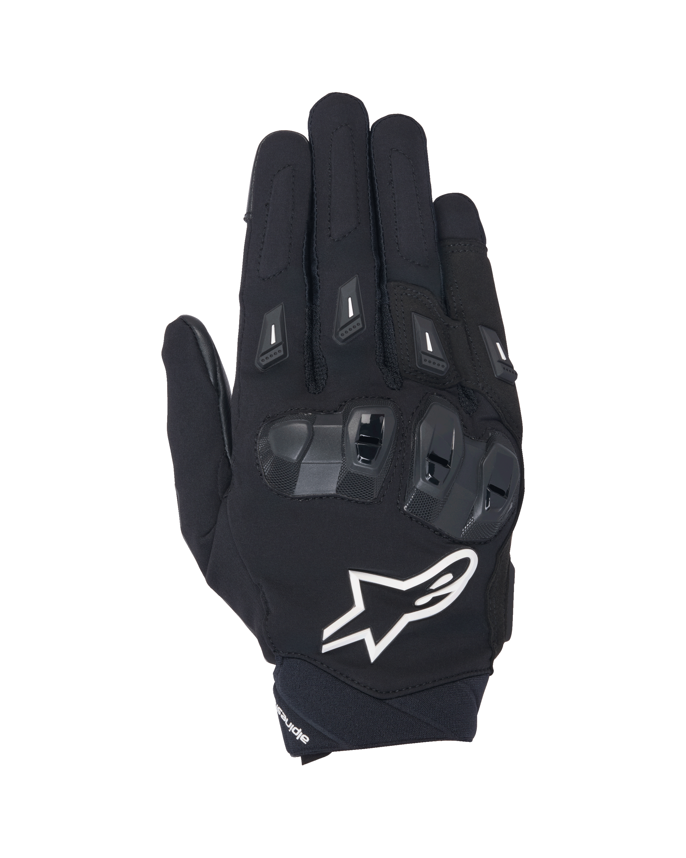 Alpinestars SP X 3 motorhandschoenen, zwart-witte handschoenen met korte manchet, bovenaanzicht met TPU dubbele dichtheid knokkelbescherming, groot wit sterlogo en vingerprotectoren, ontworpen voor sportief en straatgebruik