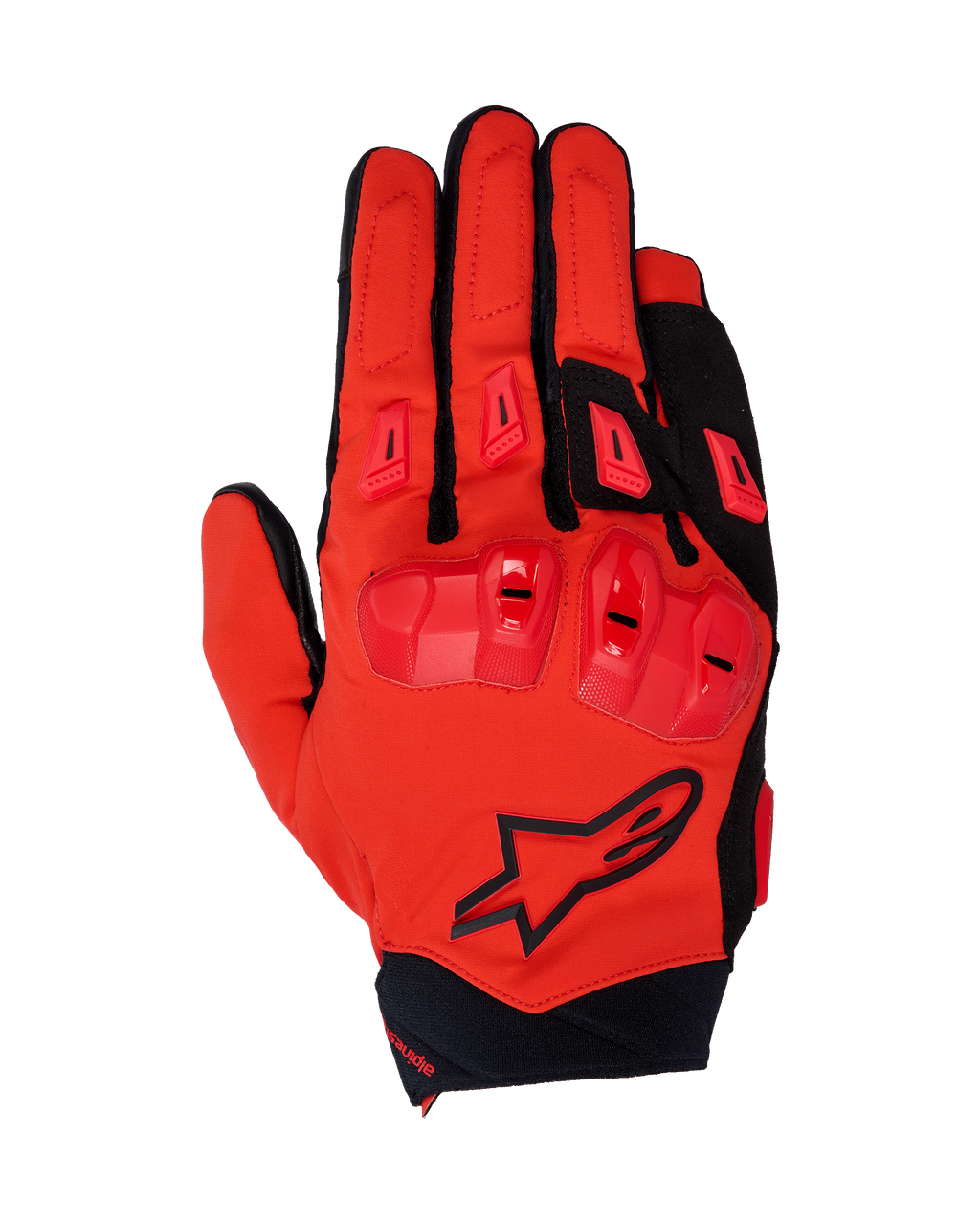 Alpinestars 2025 SP X 3 handschoenen, motorrace-handschoenen, helderrood en zwart, voorzien van TPU-knokkelbescherming met dubbele dichtheid en vingersliders, bovenaanzicht met stretch mesh-constructie en zwart ster-logo