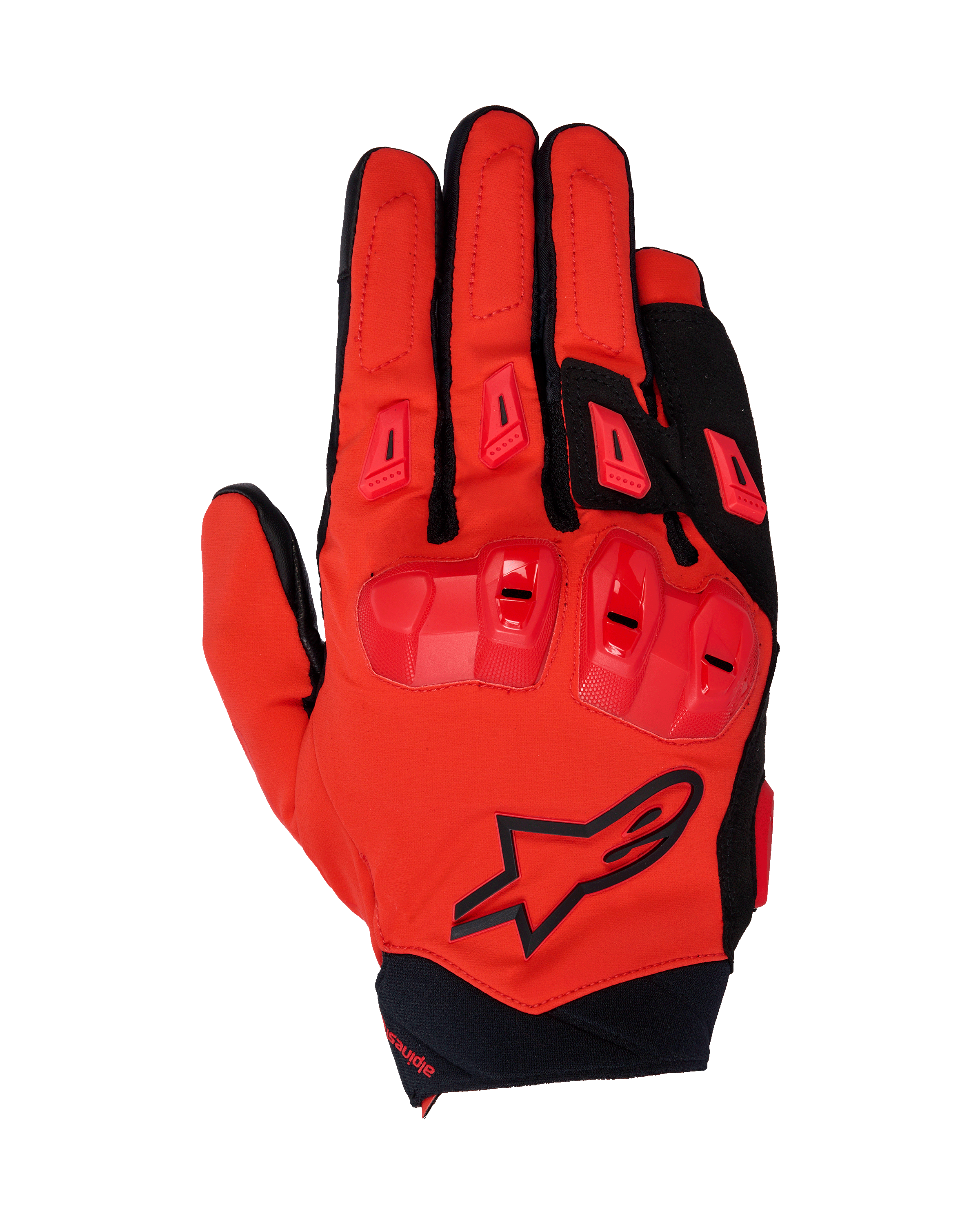 Alpinestars 2025 SP X 3 handschoenen, motorrace-handschoenen, helderrood en zwart, voorzien van TPU-knokkelbescherming met dubbele dichtheid en vingersliders, bovenaanzicht met stretch mesh-constructie en zwart ster-logo