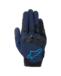 Alpinestars SP X 3 handschoenen, motorracehandschoenen, donkerblauw en zwart met Blithe Blue accenten, voorzien van TPU knokkelbescherming met dubbele dichtheid en het Alpinestars sterlogo, textiel- en meshconstructie voor sportief rijden