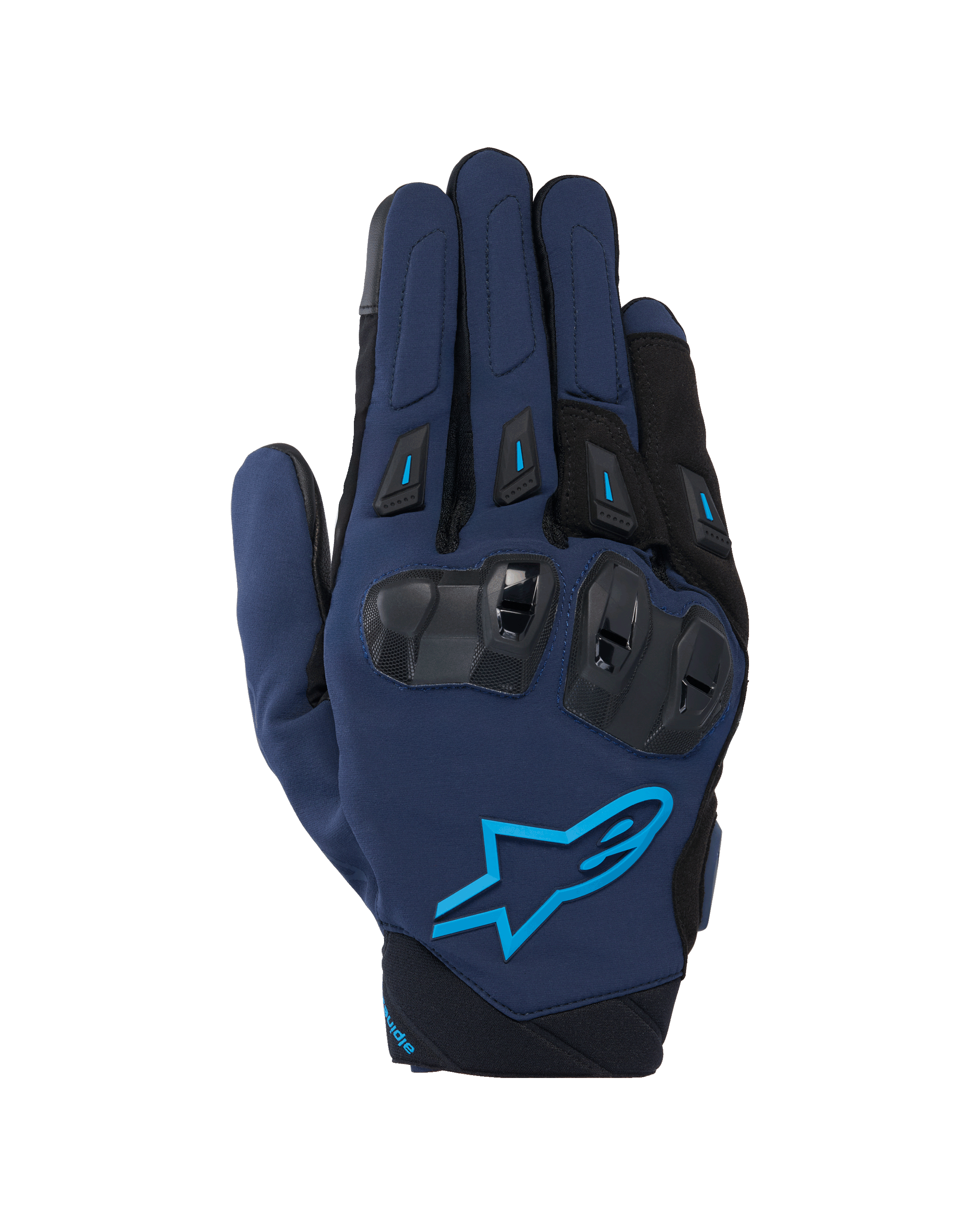 Alpinestars SP X 3 handschoenen, motorracehandschoenen, donkerblauw en zwart met Blithe Blue accenten, voorzien van TPU knokkelbescherming met dubbele dichtheid en het Alpinestars sterlogo, textiel- en meshconstructie voor sportief rijden