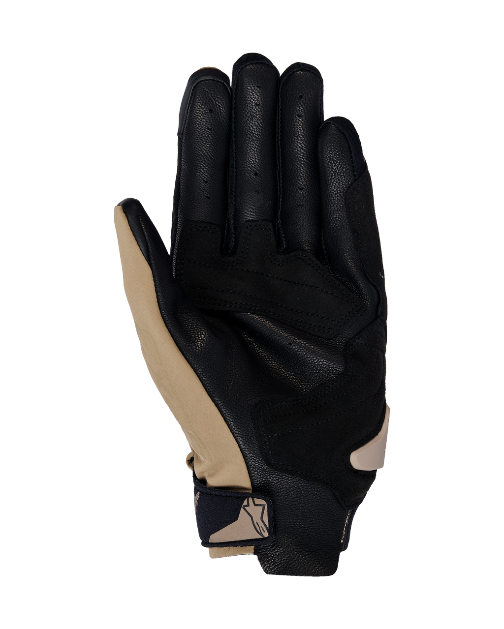 Alpinestars SP X 3 handschoenen, motorhandschoenen, Dark Khaki Sand Black, handpalmaanzicht met geperforeerd zwart leer en kaki synthetische overlays, compacte polssluiting met logo, ergonomisch ontwerp voor sportief en straatgebruik
