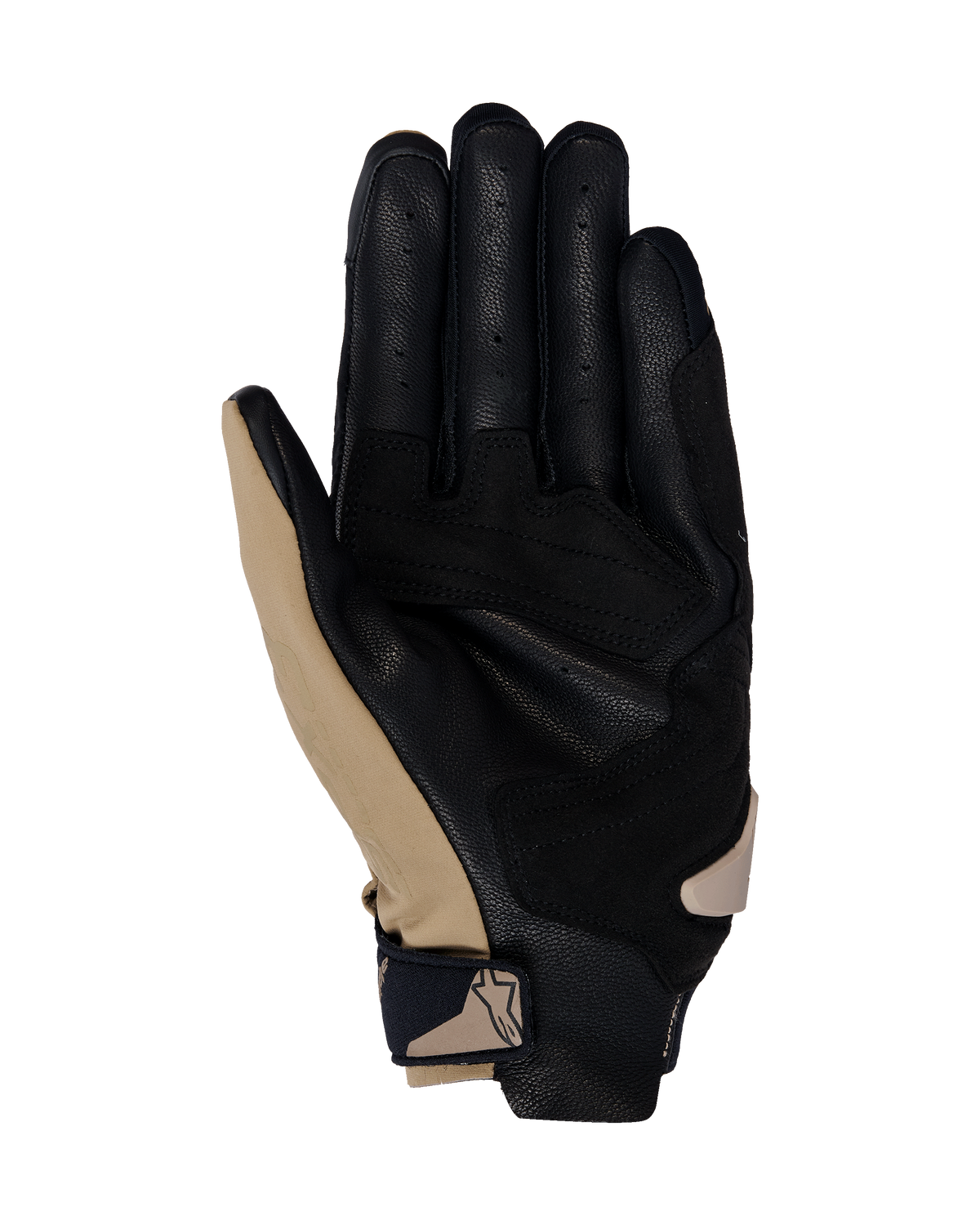 Alpinestars SP X 3 handschoenen, motorhandschoenen, Dark Khaki Sand Black, handpalmaanzicht met geperforeerd zwart leer en kaki synthetische overlays, compacte polssluiting met logo, ergonomisch ontwerp voor sportief en straatgebruik