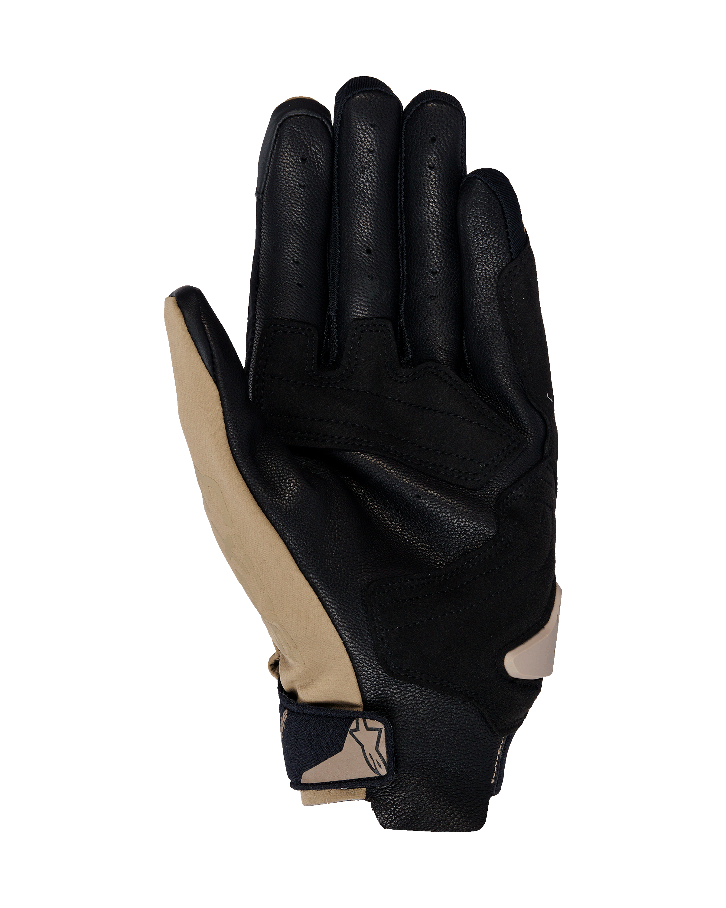 Alpinestars SP X 3 handschoenen, motorhandschoenen, Dark Khaki Sand Black, handpalmaanzicht met geperforeerd zwart leer en kaki synthetische overlays, compacte polssluiting met logo, ergonomisch ontwerp voor sportief en straatgebruik