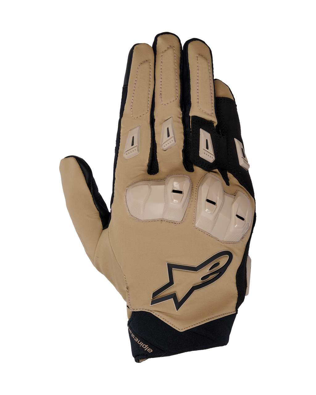 Alpinestars SP X 3 handschoenen, motorhandschoenen, donker khaki zand en zwart, met TPU knokkelbescherming met dubbele dichtheid, versterkte vingerpadding, stretch geweven materiaal voor ademend vermogen en geïntegreerde branding.