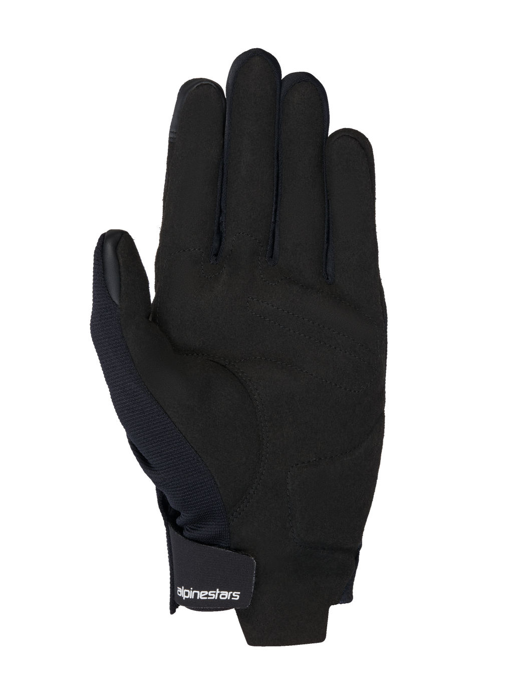 Alpinestars MM93 Reef V2 handschoenen, zwart synthetisch suède handpalm, gewatteerde palmversterking, touchscreen-compatibele vingertoppen, klittenbandsluiting bij de pols met wit logo