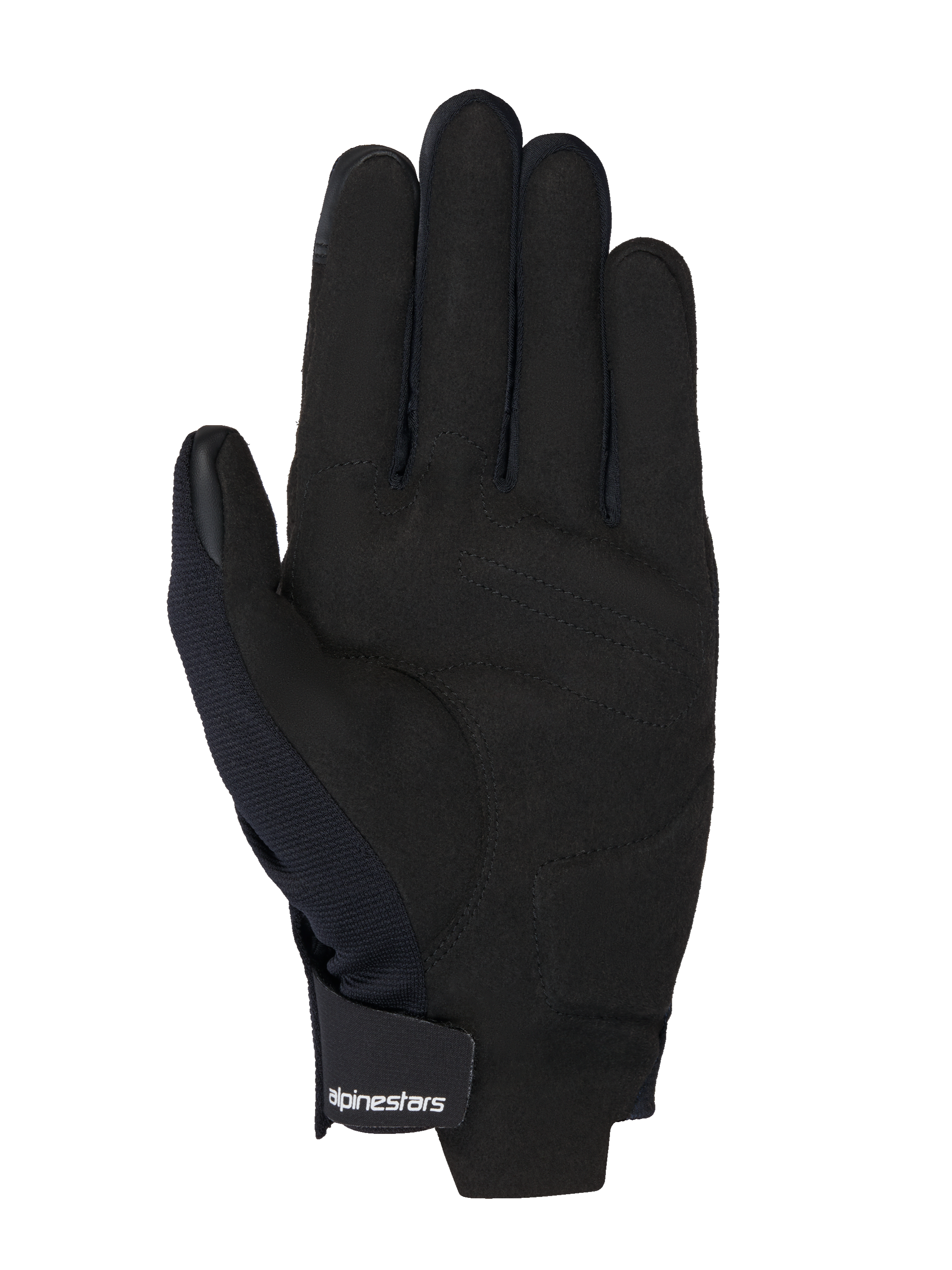 Alpinestars MM93 Reef V2 handschoenen, zwart synthetisch suède handpalm, gewatteerde palmversterking, touchscreen-compatibele vingertoppen, klittenbandsluiting bij de pols met wit logo