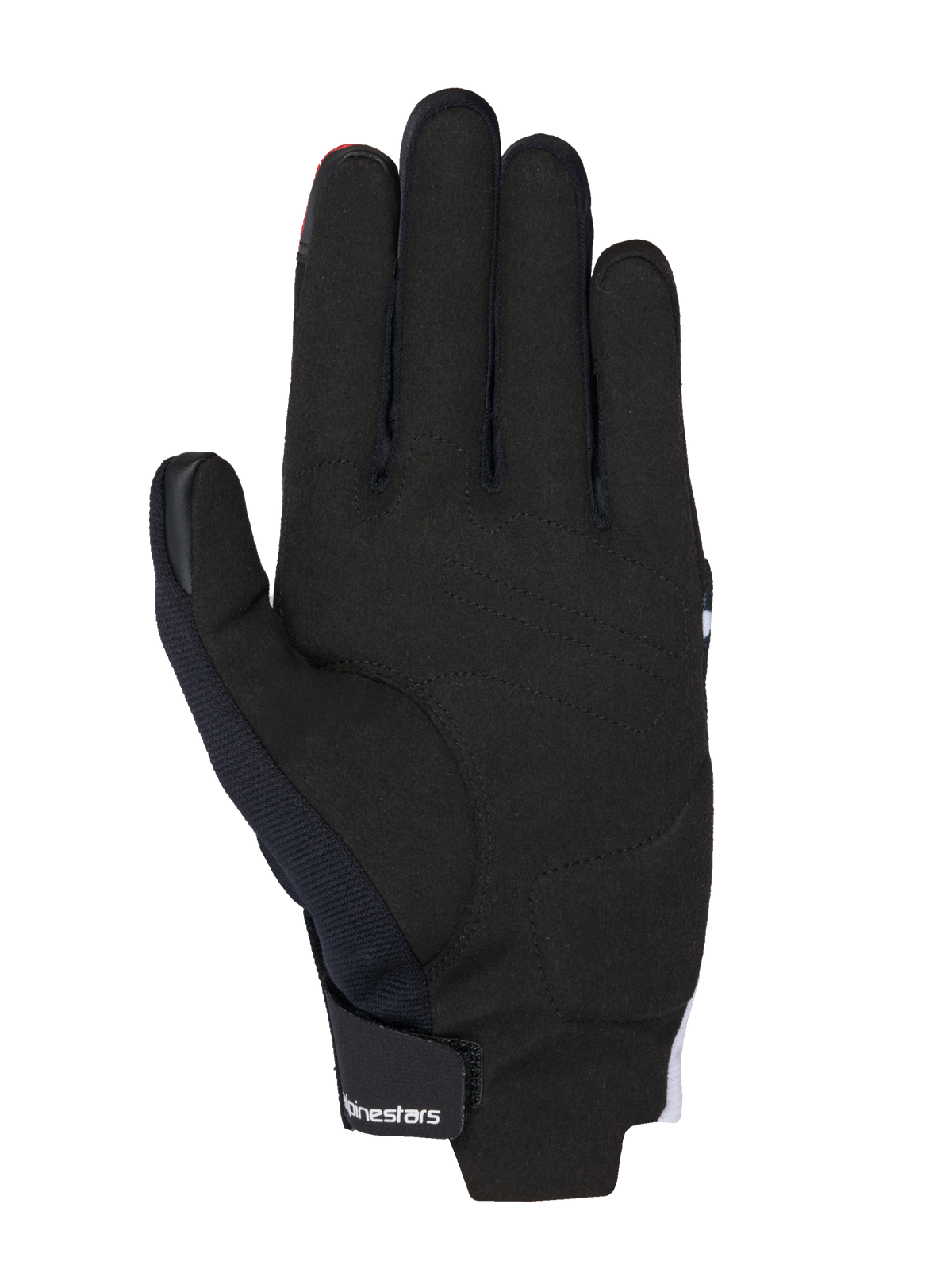 Alpinestars MM93 Reef V2 Handschoenen, handpalm-aanzicht, zwart met felrode en witte accenten, voorzien van synthetische suède palm, gewatteerde versterkingen en klittenbandsluiting bij de pols met Alpinestars-branding, moderne urban motoruitrusting