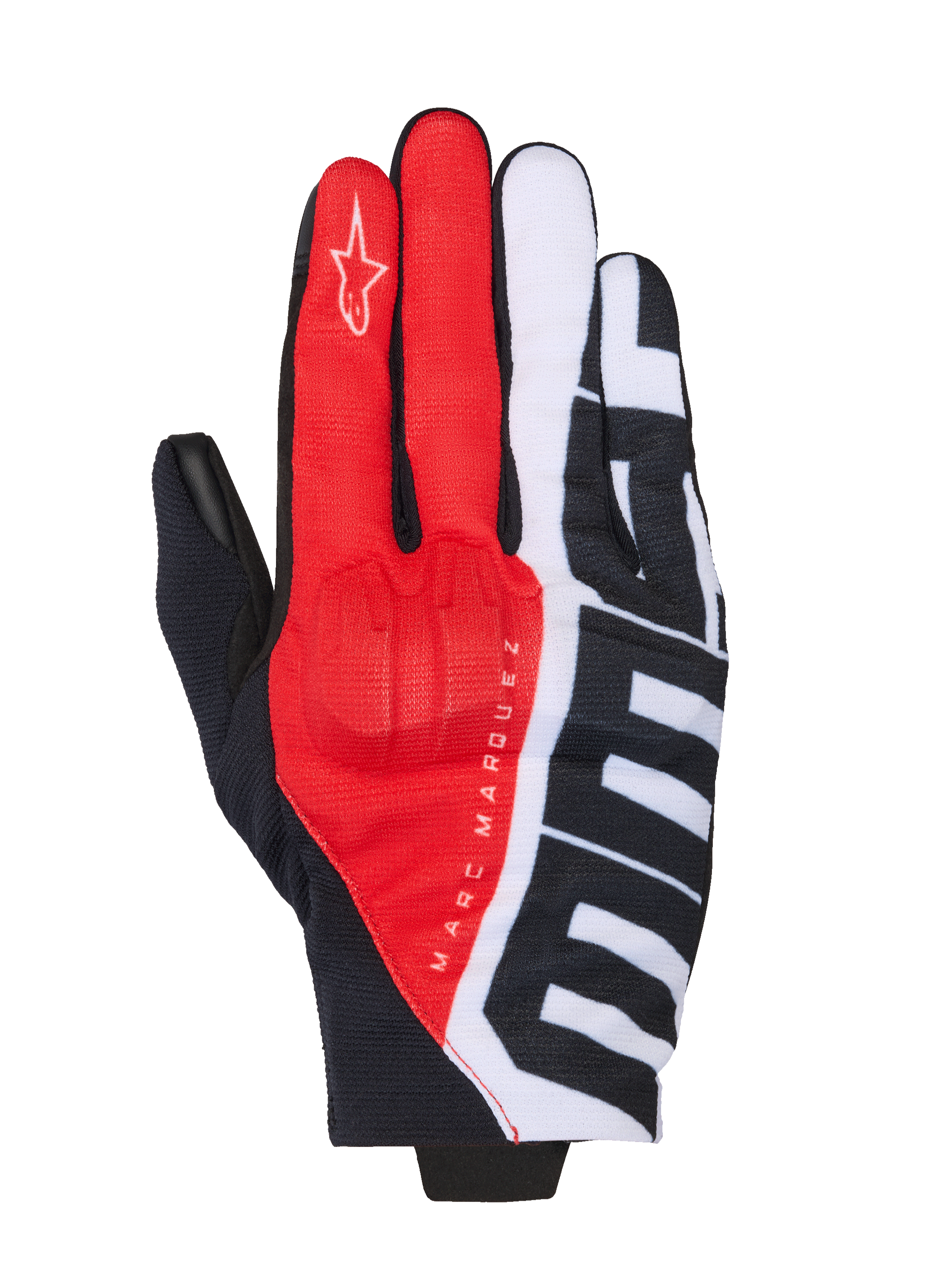 Alpinestars MM93 Reef V2 motorhandschoenen, zwart, felrood en wit, voorzien van Marc Marquez-branding en grote MM93-graphics, textielconstructie met geïntegreerde knokkelbescherming, urban rijuitrusting met korte manchet