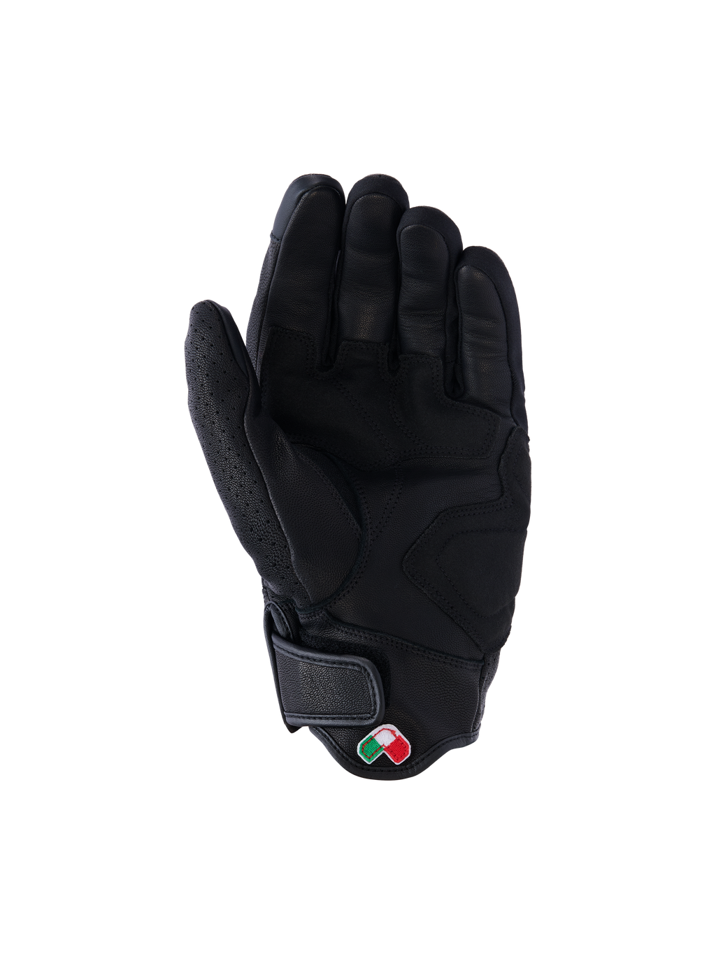 Alpinestars Mustang V3 leren handschoenen, zwart, handpalm-aanzicht, hoogwaardige geitenleren constructie met versterkte gripzones, kort manchet met klittenbandsluiting en kleine geborduurde logo-patch, stedelijke motorbescherming