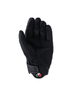 Alpinestars Mustang V3 leren handschoenen, zwart, handpalm-aanzicht, hoogwaardige geitenleren constructie met versterkte gripzones, kort manchet met klittenbandsluiting en kleine geborduurde logo-patch, stedelijke motorbescherming