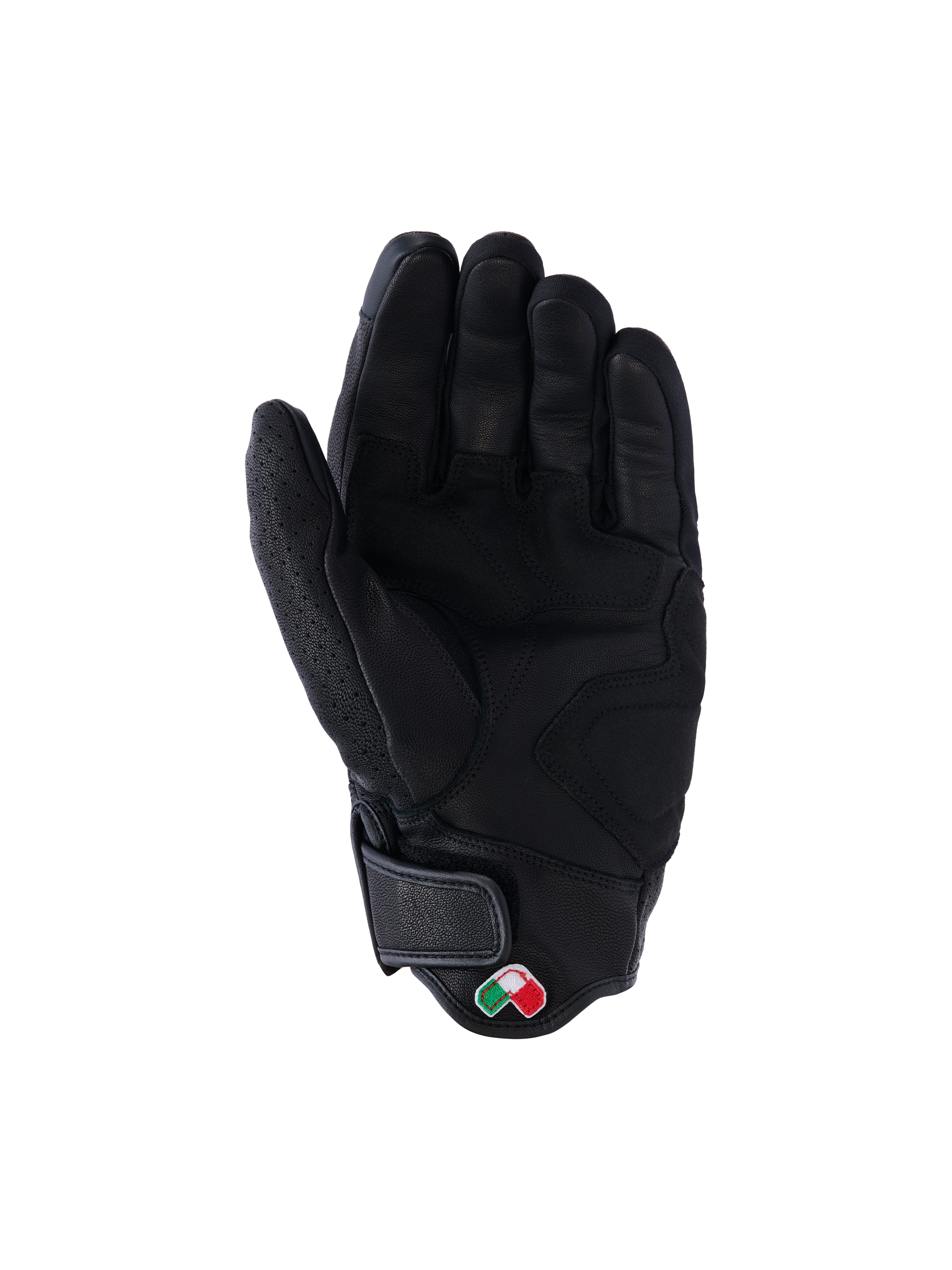Alpinestars Mustang V3 leren handschoenen, zwart, handpalm-aanzicht, hoogwaardige geitenleren constructie met versterkte gripzones, kort manchet met klittenbandsluiting en kleine geborduurde logo-patch, stedelijke motorbescherming