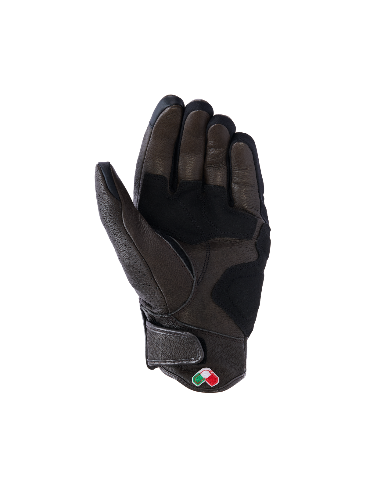 Alpinestars Mustang V3 leren handschoenen, donkerbruin en zwart, handpalmzijde, voorzien van versterkte leren constructie, kort manchet met klittenbandsluiting en een kleine geborduurde schildpatch, urban motorkleding