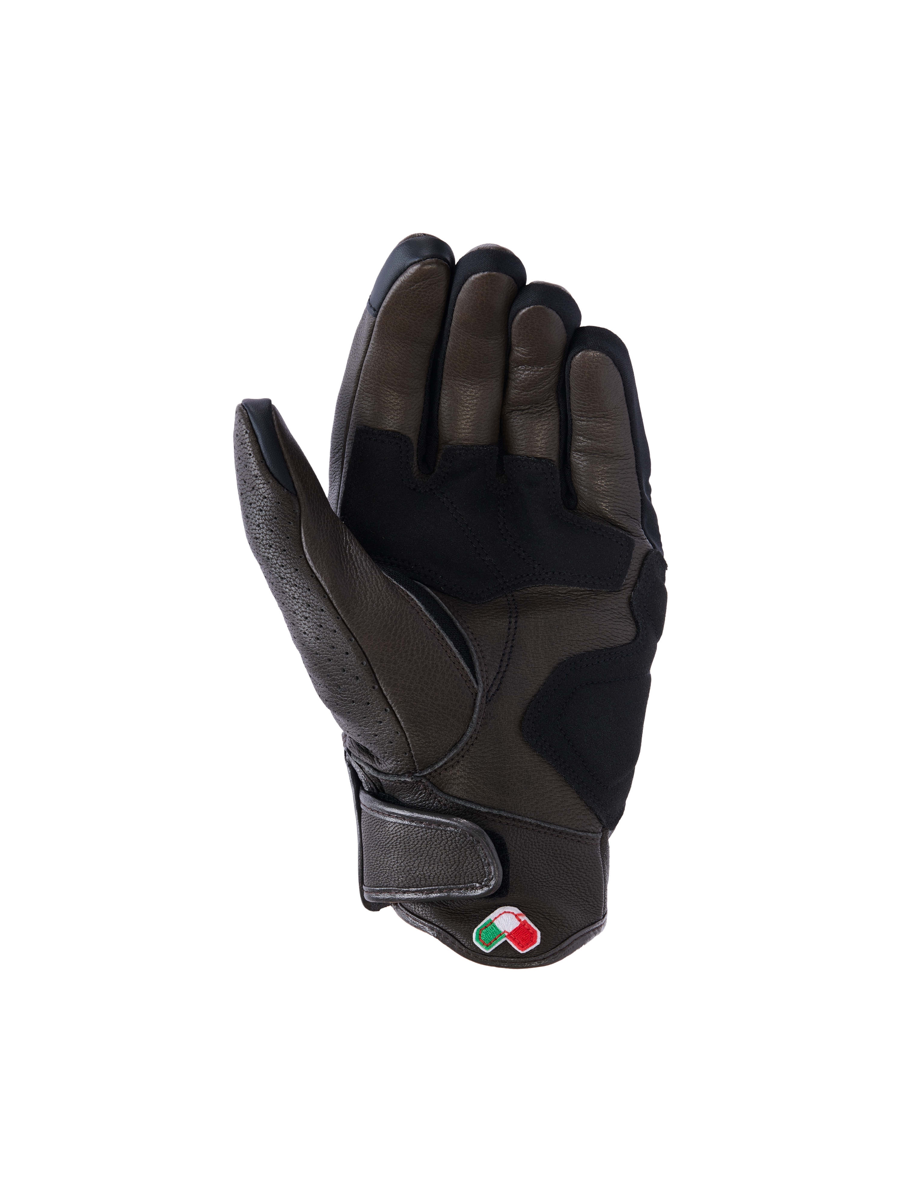 Alpinestars Mustang V3 leren handschoenen, donkerbruin en zwart, handpalmzijde, voorzien van versterkte leren constructie, kort manchet met klittenbandsluiting en een kleine geborduurde schildpatch, urban motorkleding