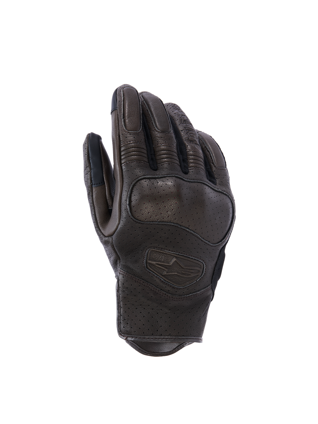 Alpinestars Mustang V3 lederen handschoenen, urban motorhandschoenen, donkerbruin en zwart, voorzien van lasergeperforeerd geitenleer, geïntegreerde knokkelbescherming en geëmbosseerd logo, kort manchetontwerp