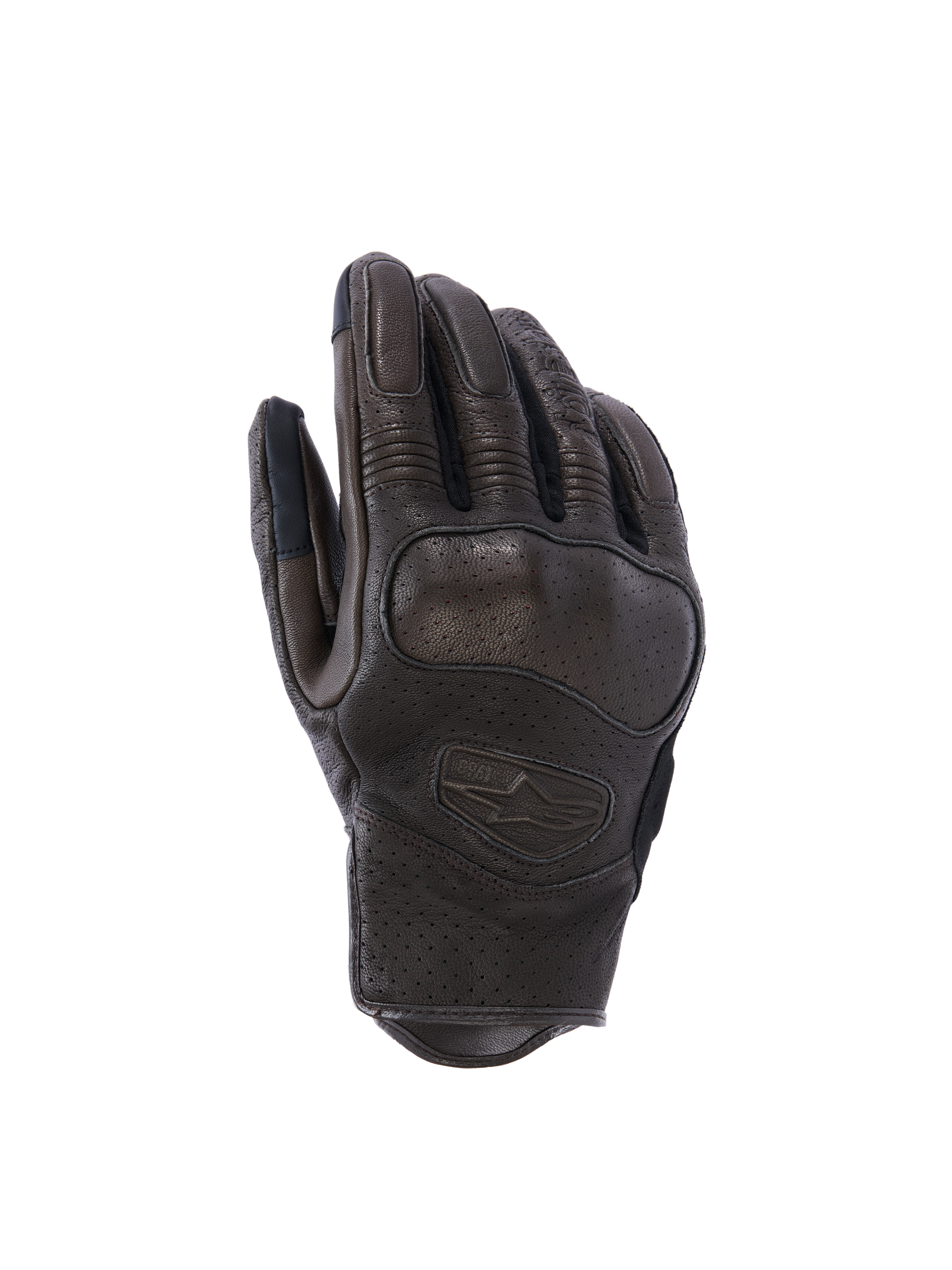 Alpinestars Mustang V3 lederen handschoenen, urban motorhandschoenen, donkerbruin en zwart, voorzien van lasergeperforeerd geitenleer, geïntegreerde knokkelbescherming en geëmbosseerd logo, kort manchetontwerp