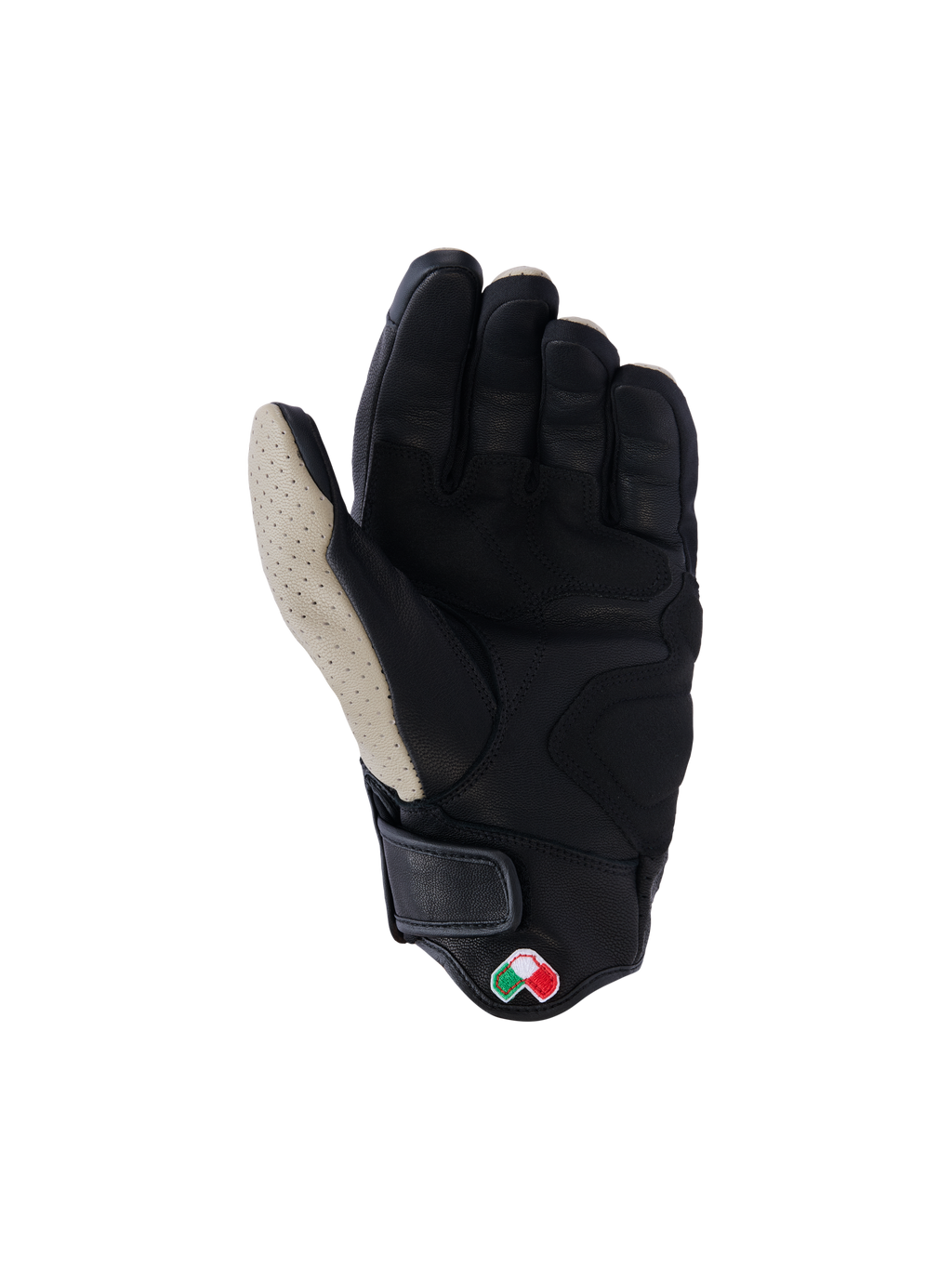 Alpinestars Mustang V3 lederen handschoenen, handpalmaanzicht, Aluminum Black, zwart geitenleer met geperforeerde lichtgrijze duimzone, verstevigde handpalm- en duimzones, korte manchet met klittenbandsluiting, op heritage geïnspireerde stedelijke motorhandschoenen