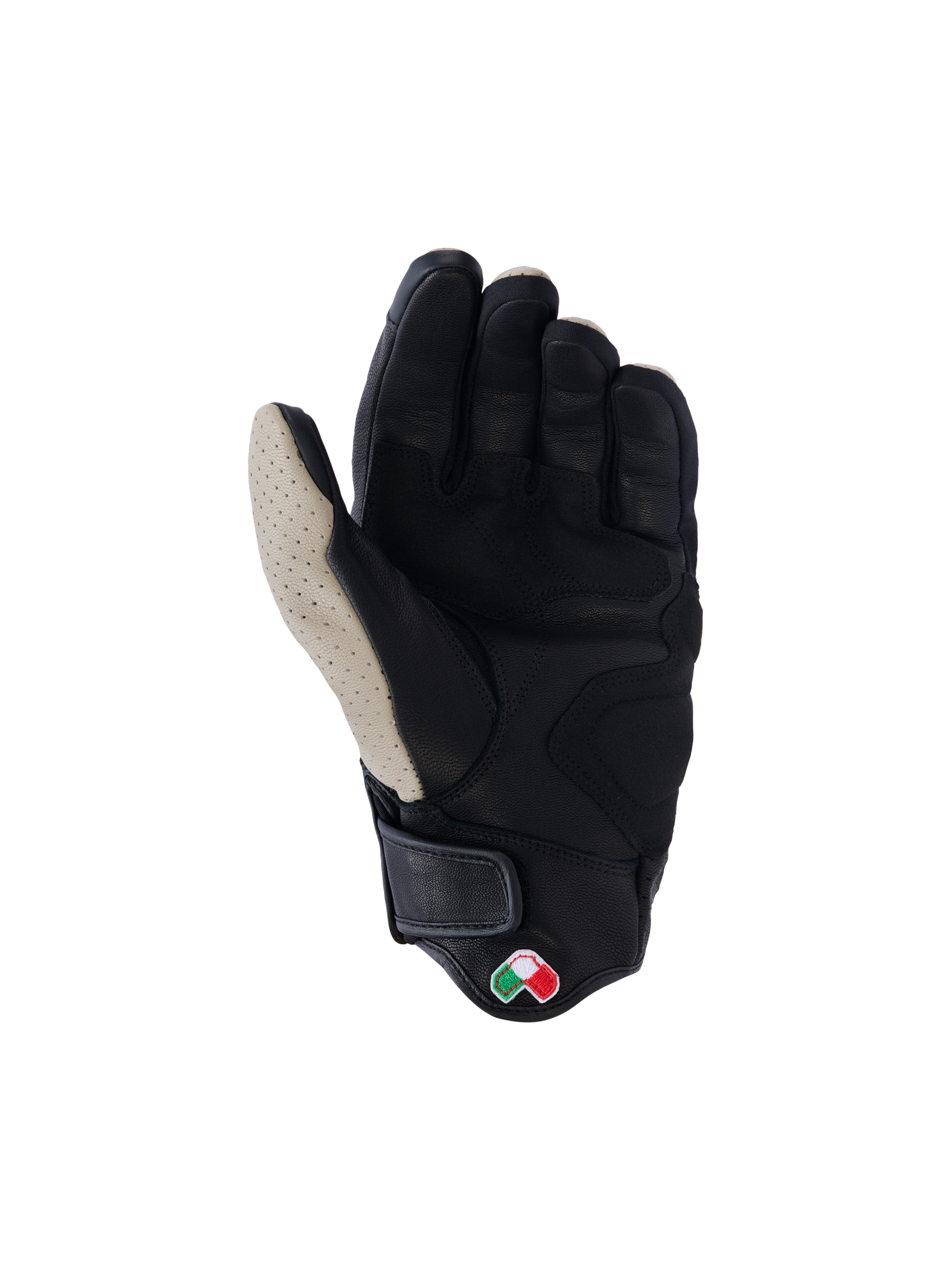 Alpinestars Mustang V3 lederen handschoenen, handpalmaanzicht, Aluminum Black, zwart geitenleer met geperforeerde lichtgrijze duimzone, verstevigde handpalm- en duimzones, korte manchet met klittenbandsluiting, op heritage geïnspireerde stedelijke motorhandschoenen