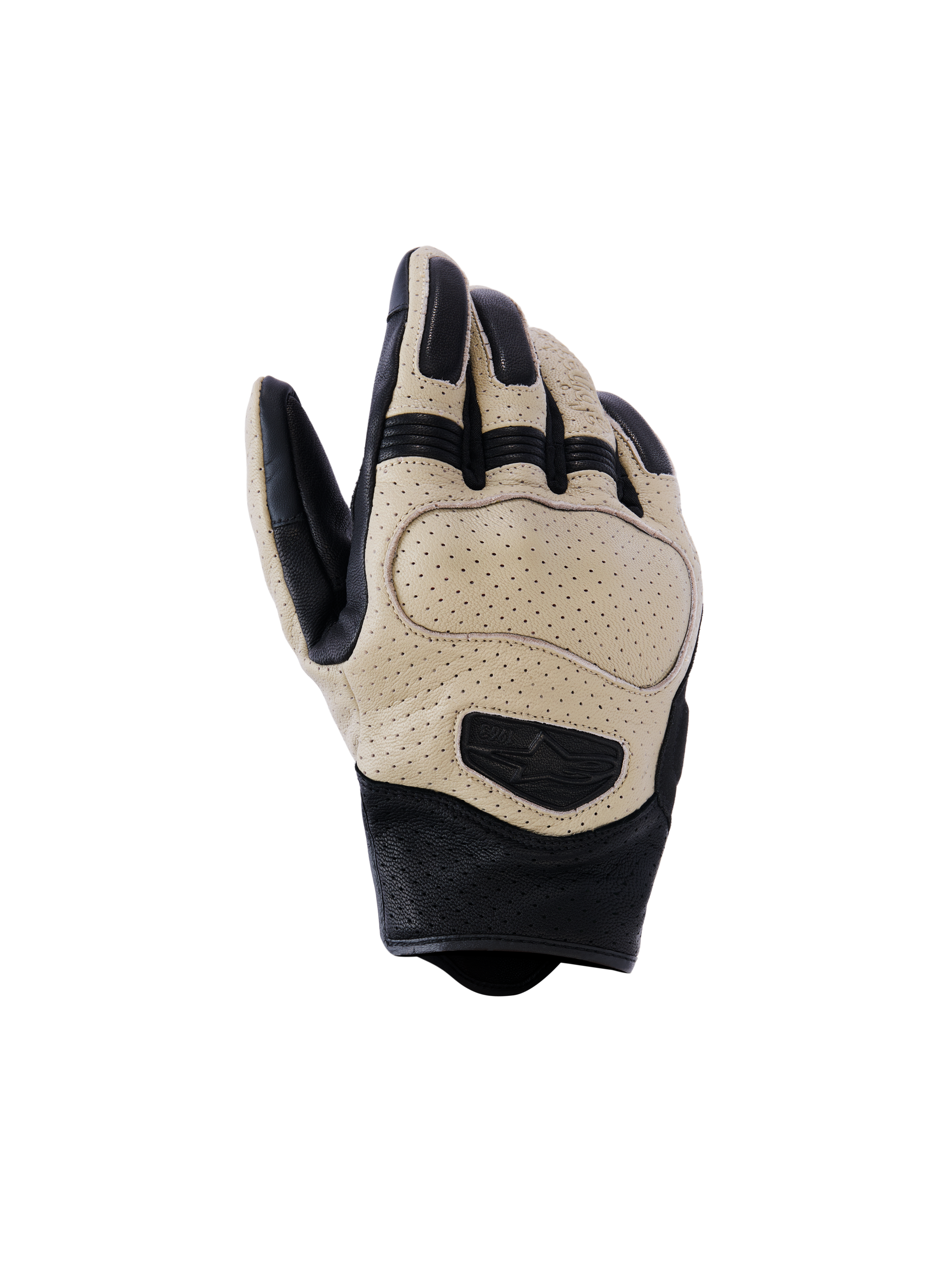 Alpinestars Mustang V3 leren motorhandschoenen, motorhandschoenen, bruin en zwart, geperforeerd geitenleer voor ventilatie, kort manchet urban design met beschermende knokkelpadding en geëmbosseerd logo